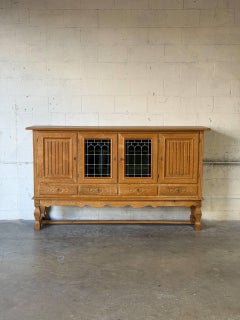 Henning Kjærnulf Oak Sideboard Credenza with Leaded Glass Doors Vintage 1960s