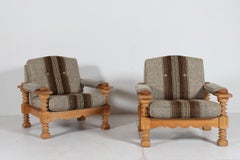 Henning Kjærnulf pair Danish Lounge Chairs of Solid Oak + Original Wool 1970s