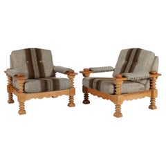 Henning Kjærnulf pair Danish Lounge Chairs of Solid Oak + Original Wool 1970s