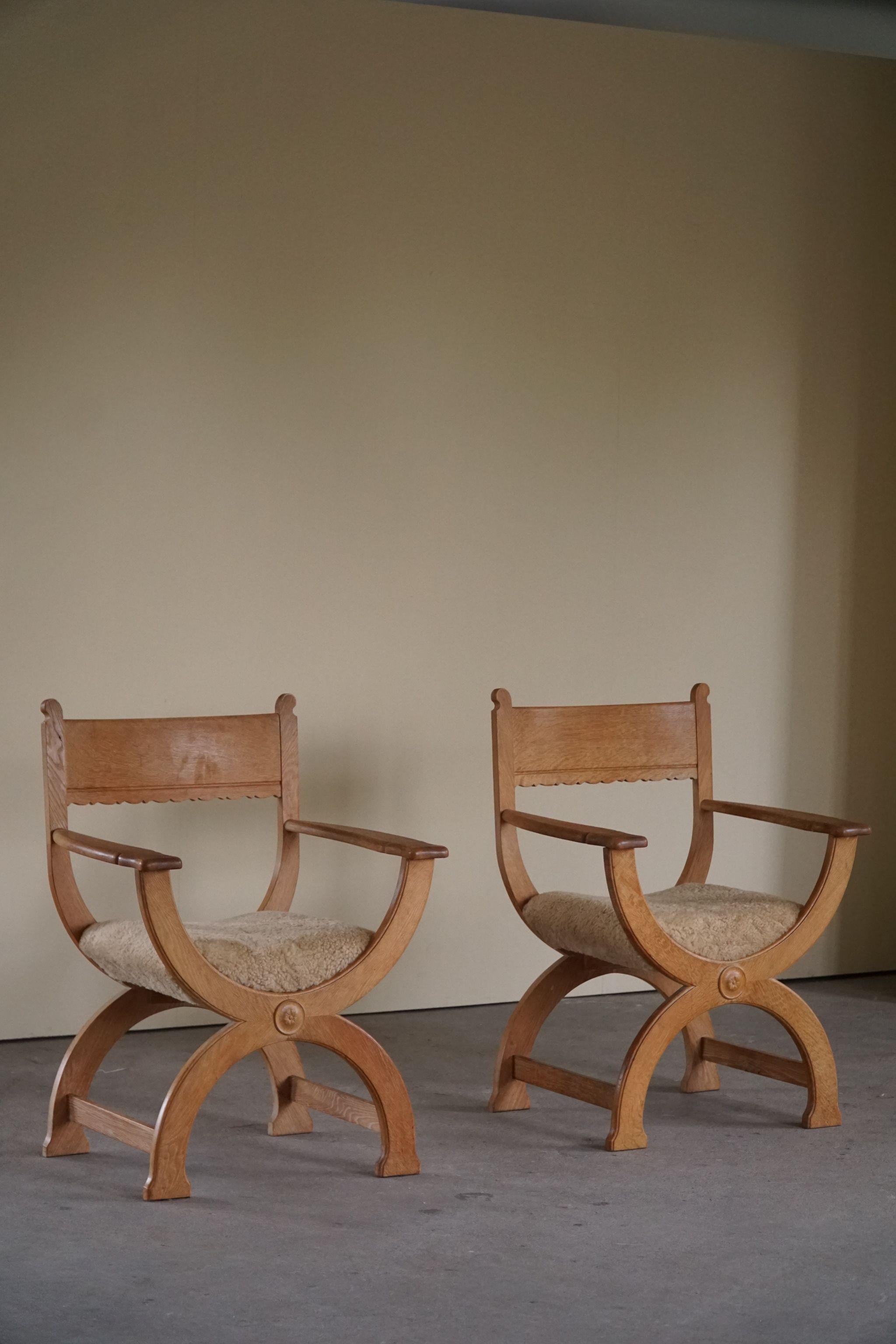 Henning Kjærnulf, Pair of Armchairs in Oak, Reupholstered in Lambswool, 1960s 12