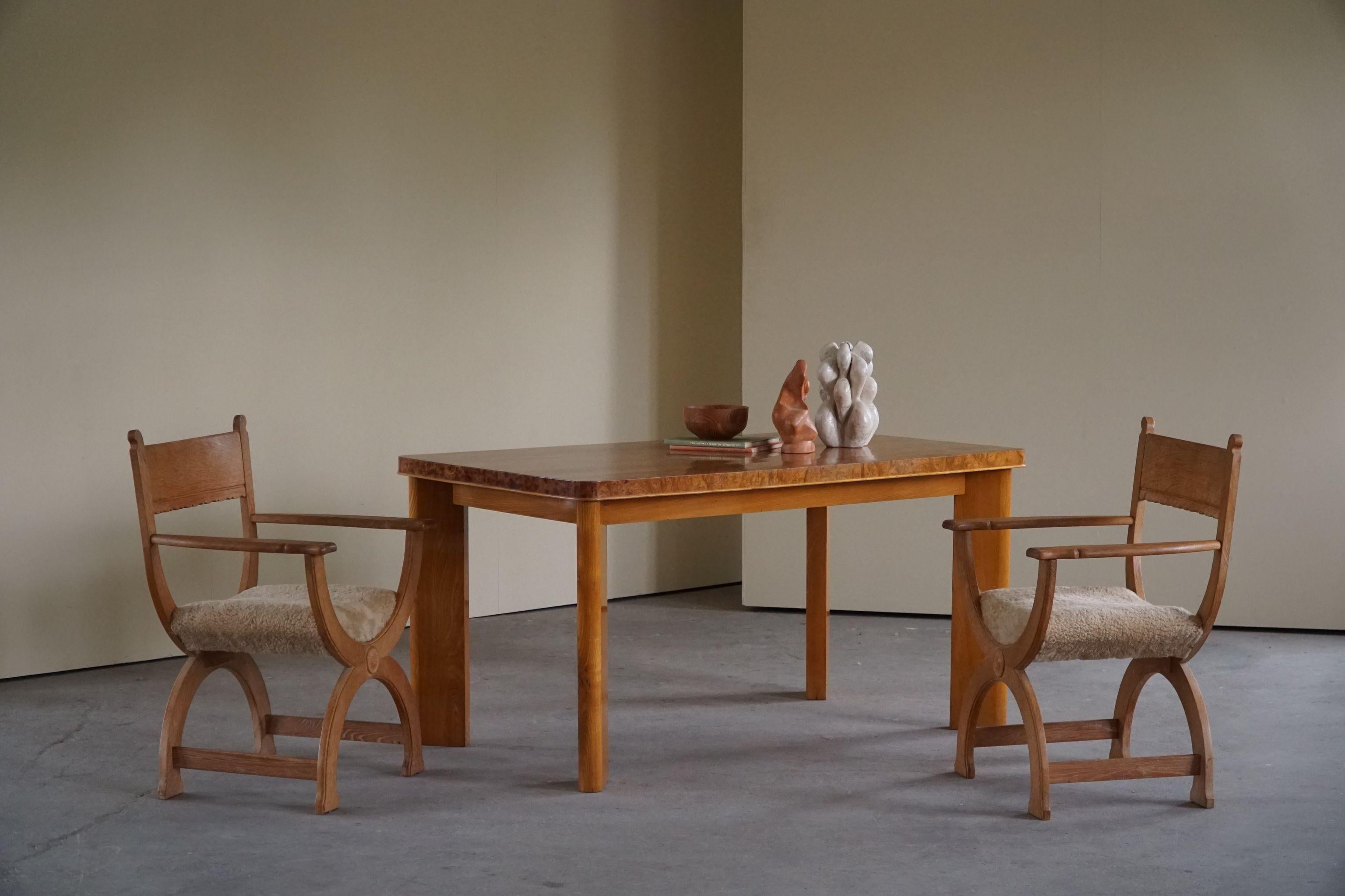 Danish Henning Kjærnulf, Pair of Armchairs in Oak, Reupholstered in Lambswool, 1960s