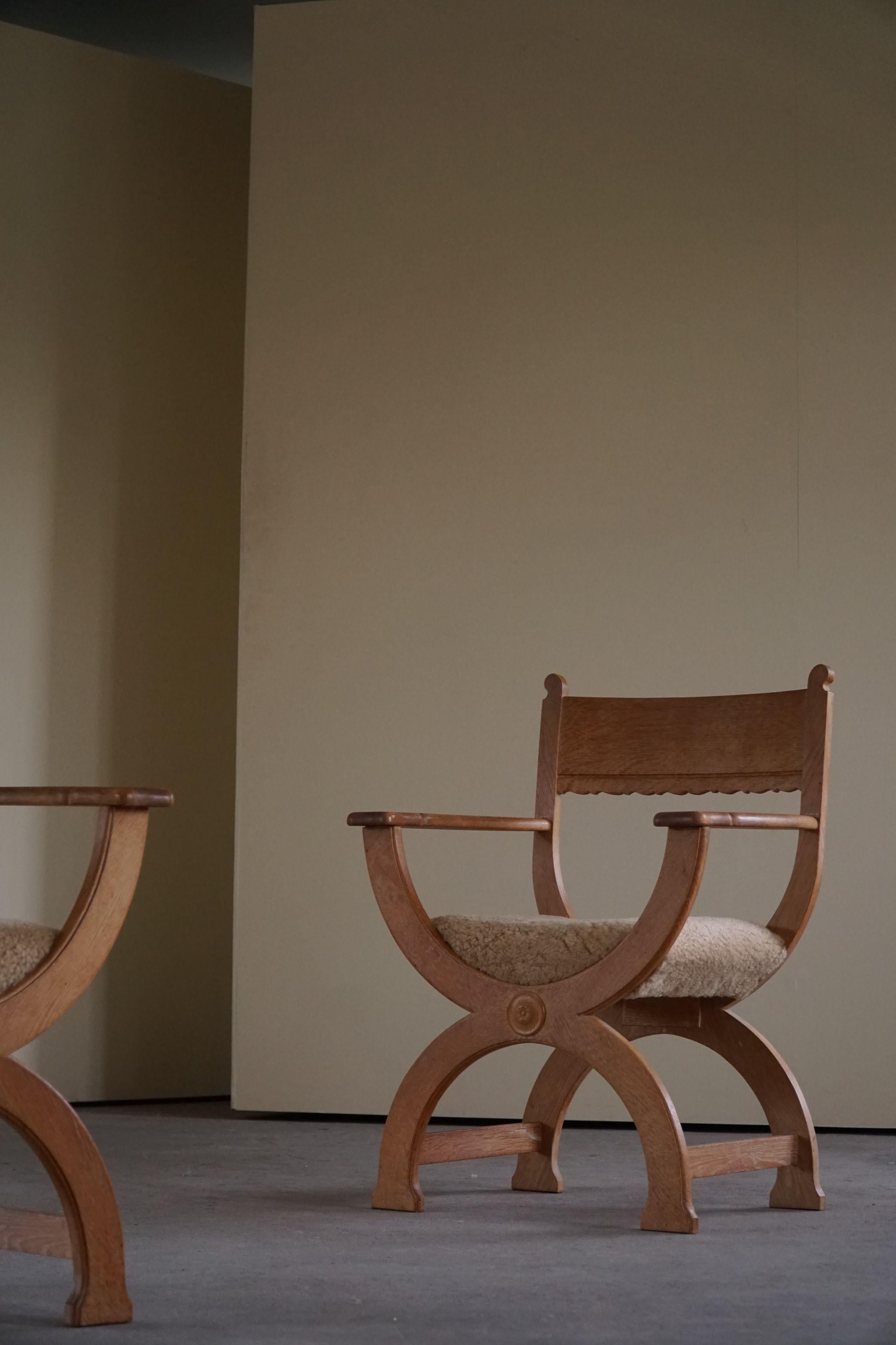 20th Century Henning Kjærnulf, Pair of Armchairs in Oak, Reupholstered in Lambswool, 1960s