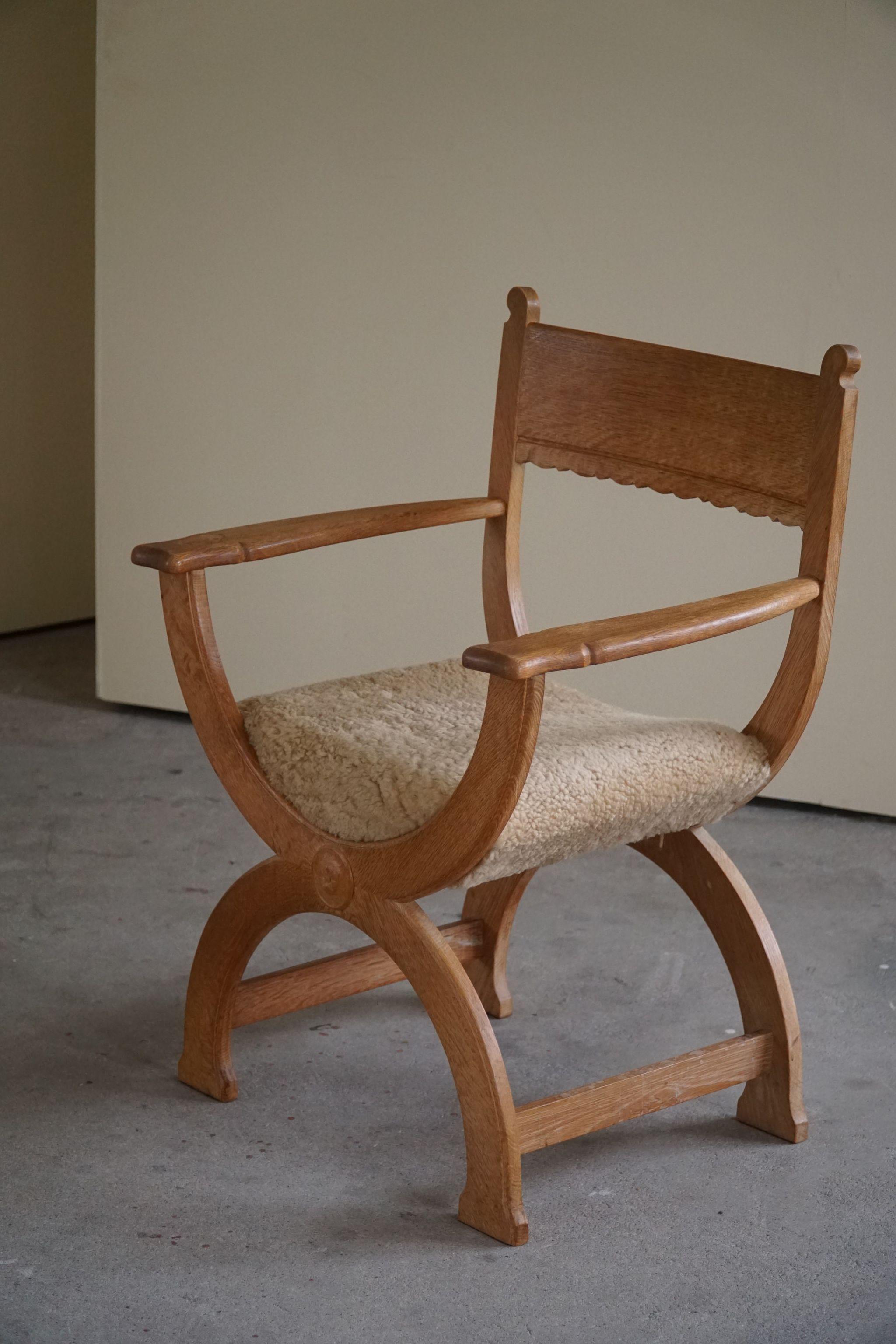 Lambskin Henning Kjærnulf, Pair of Armchairs in Oak, Reupholstered in Lambswool, 1960s