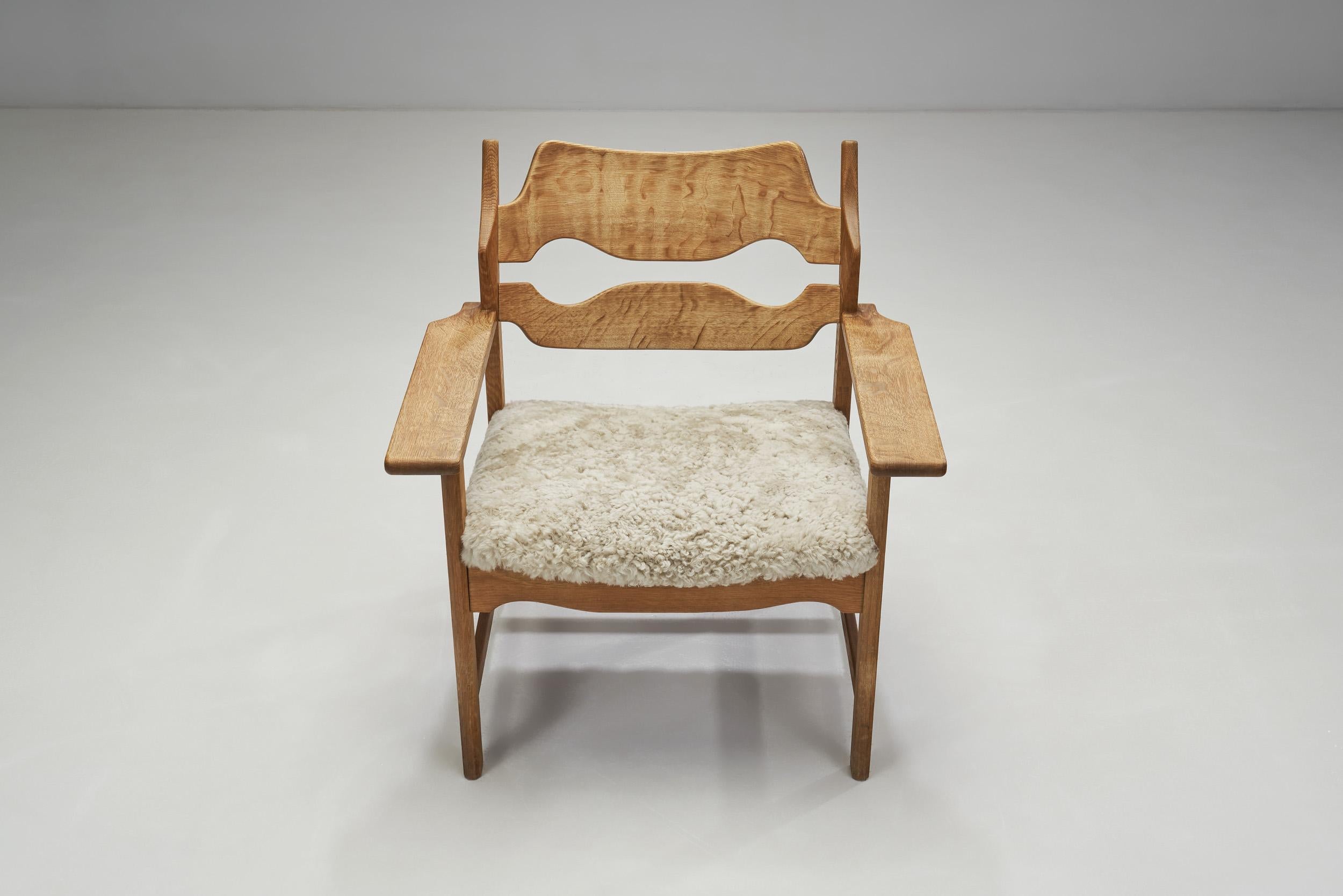 20th Century Henning Kjaernulf “Razorblade” Armchair with Sheepskin Seat, Denmark 1960s