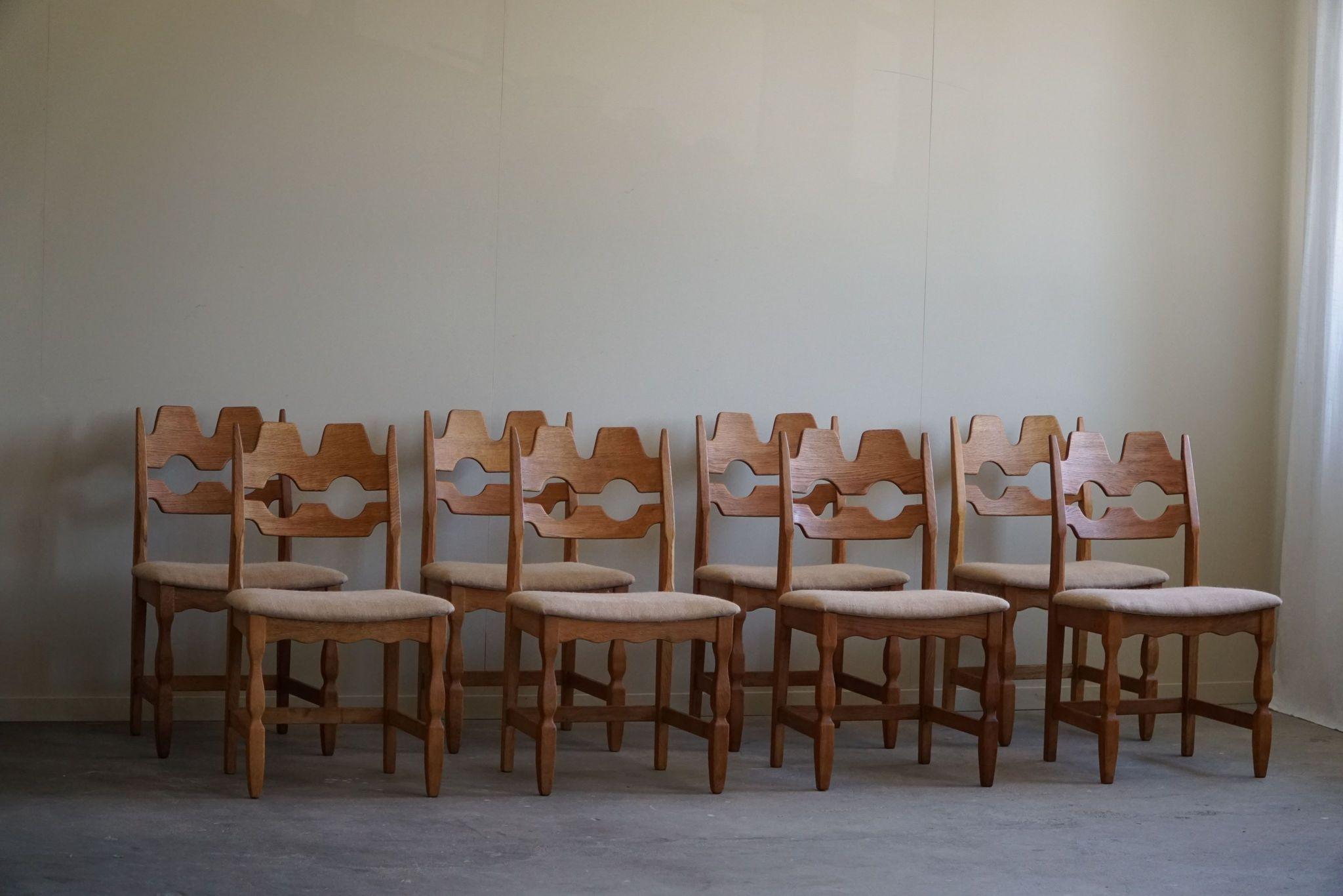 Henning Kjærnulf, Razorblade, Set of 8 Chairs, Oak & Hessian, Mid Century, 1960s 8