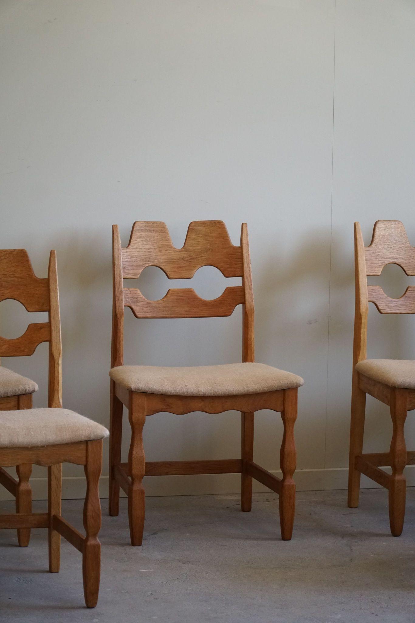 Baroque Henning Kjærnulf, Razorblade, Set of 8 Chairs, Oak & Hessian, Mid Century, 1960s