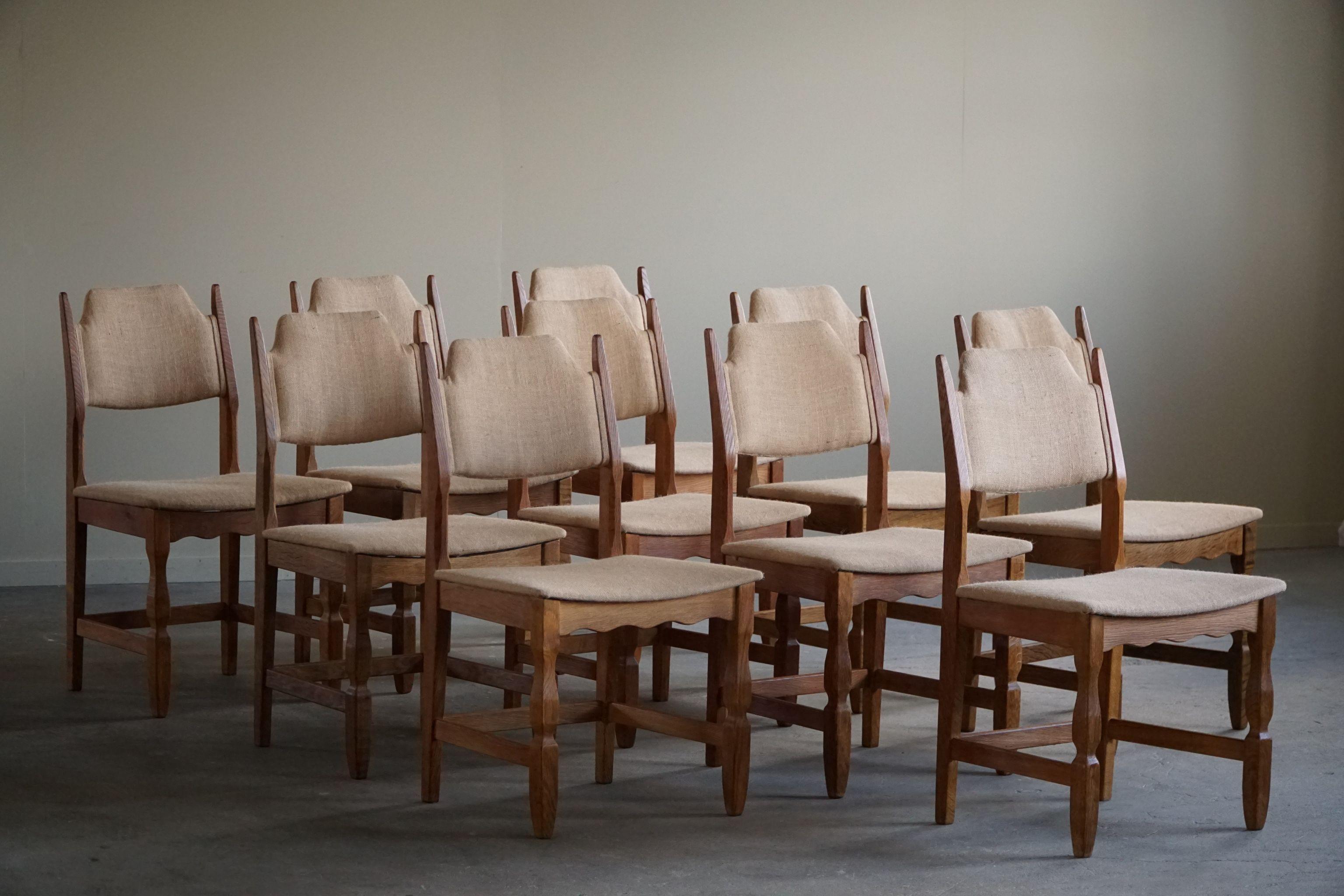 Henning Kjærnulf, Set of 10 Chairs, Oak & Hessian, Mid Century Modern, 1960s 6