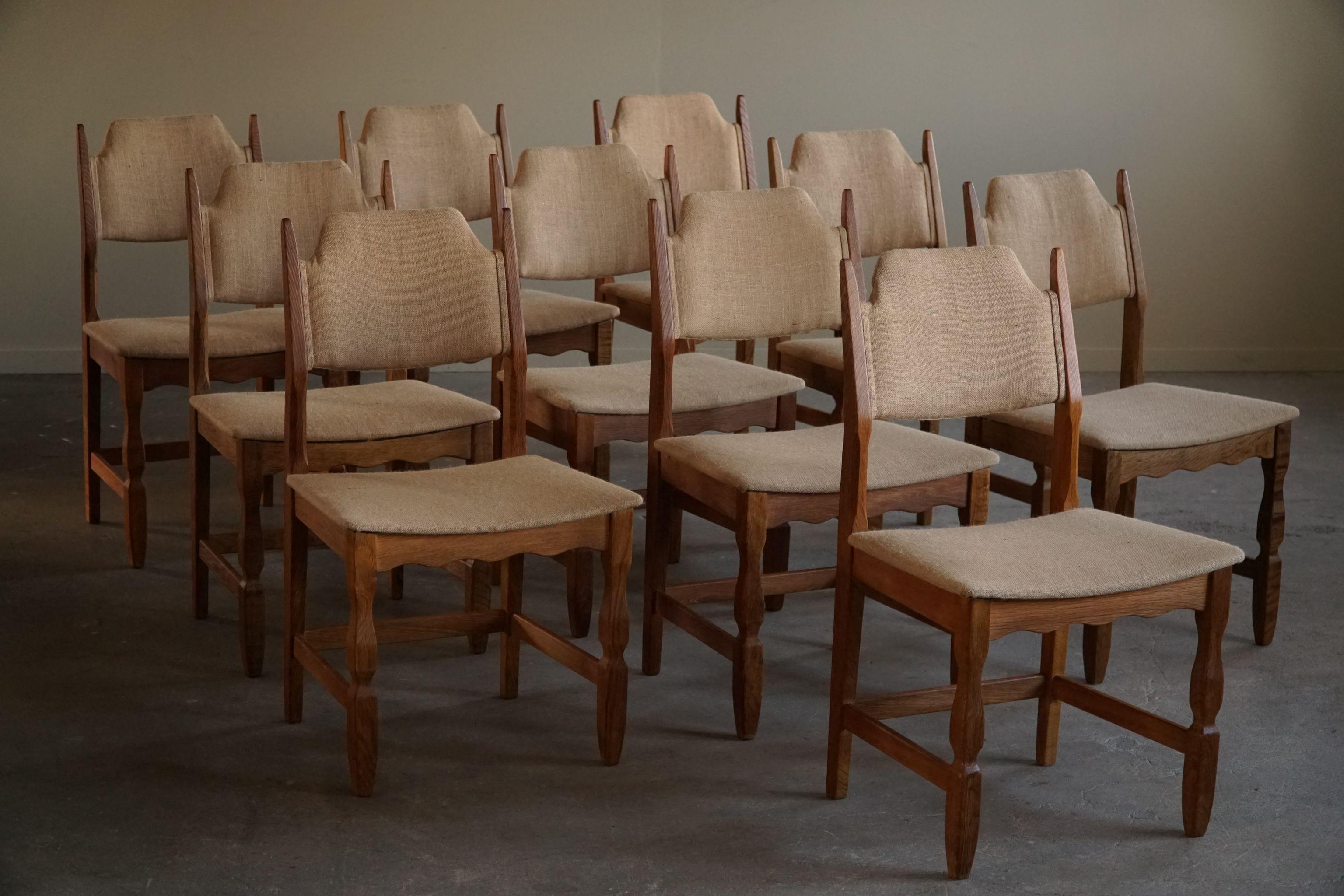 Henning Kjærnulf, Set of 10 Chairs, Oak & Hessian, Mid Century Modern, 1960s 7
