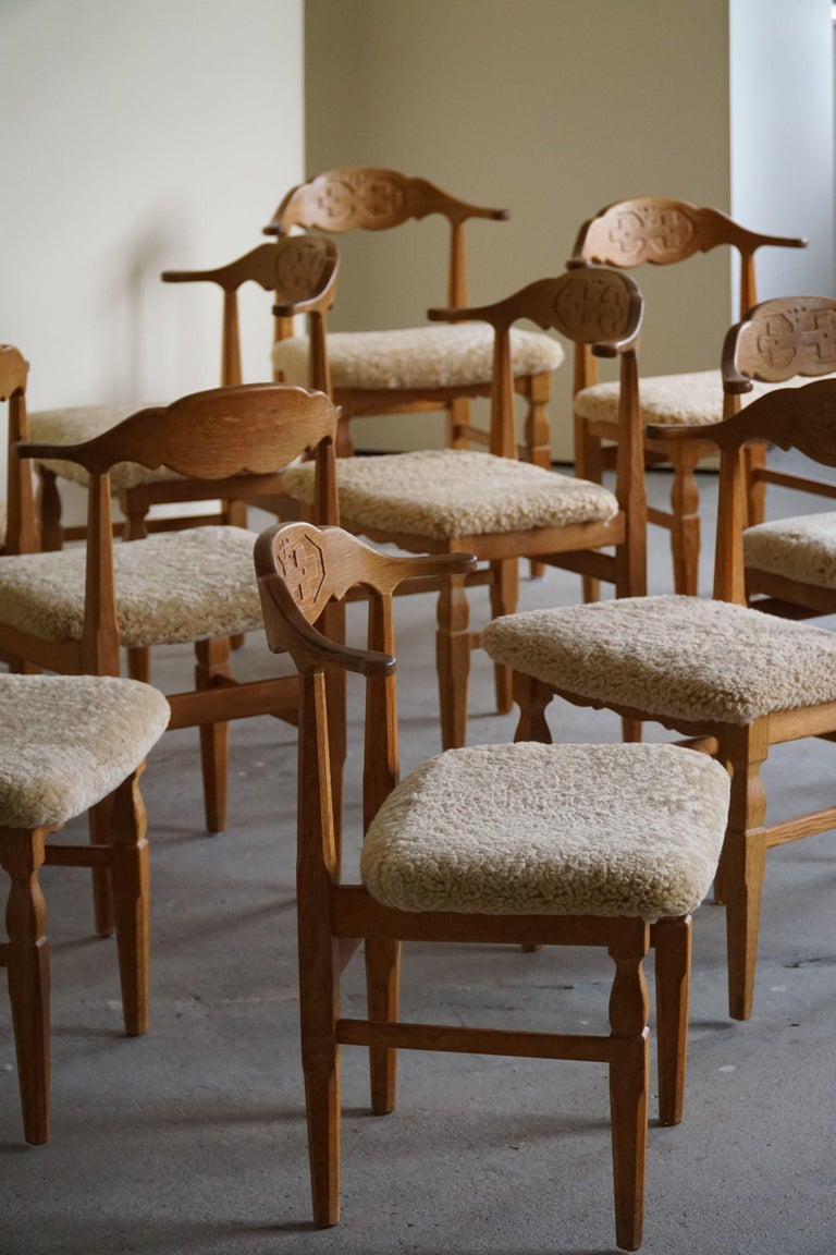 Danish Henning Kjærnulf, Set of 10 Dining Chairs, Reupholstered in Lambswool, 1960s