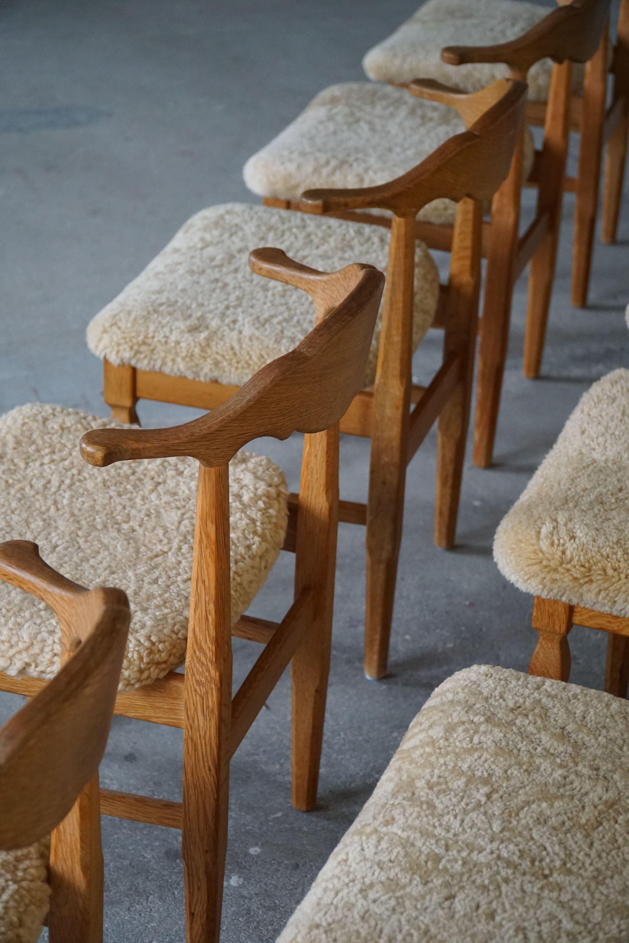 Lambskin Henning Kjærnulf, Set of 10 Dining Chairs, Reupholstered in Lambswool, 1960s