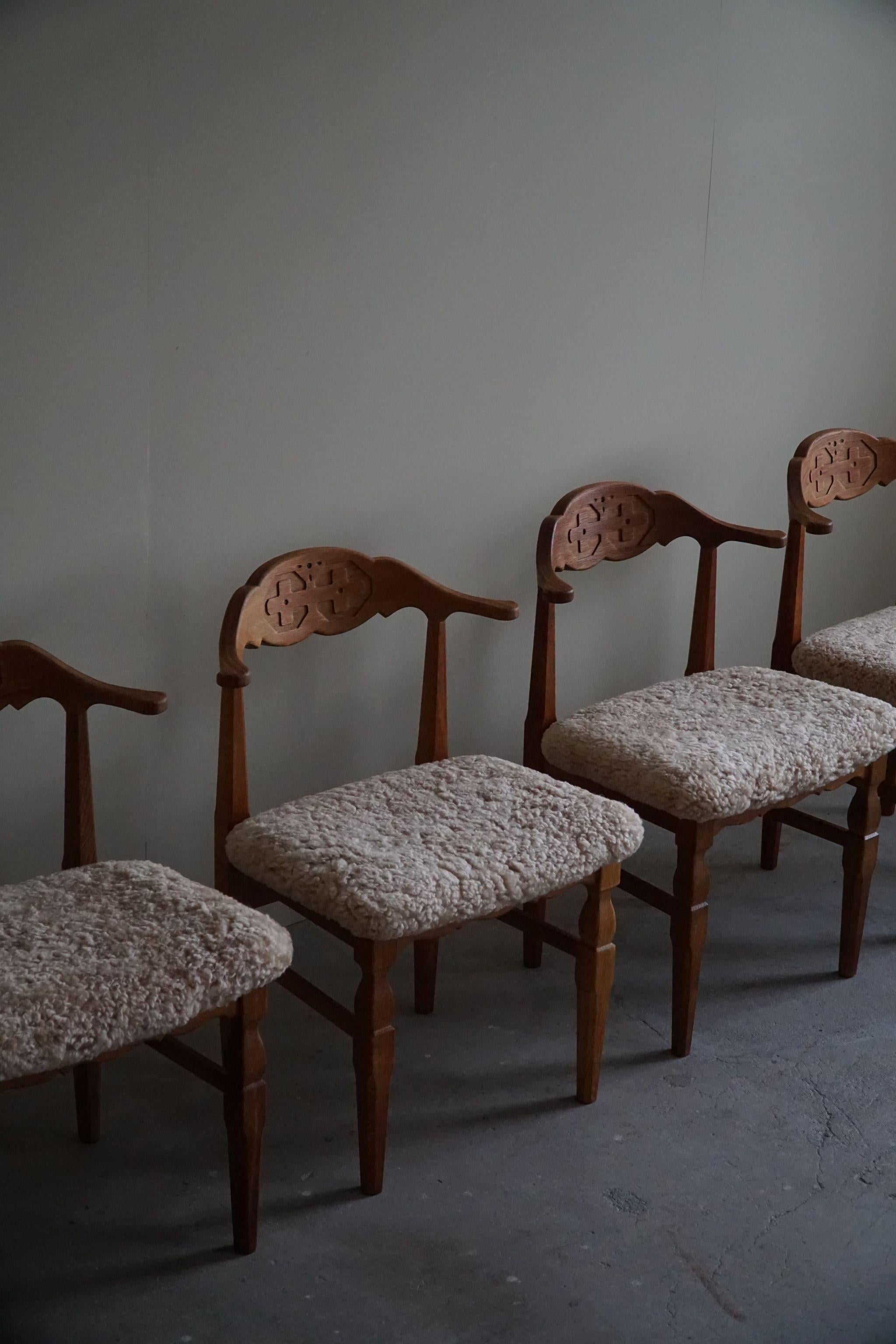 Lambskin Henning Kjærnulf, Set of 10 Dining Chairs, Reupholstered in Lambswool, 1960s