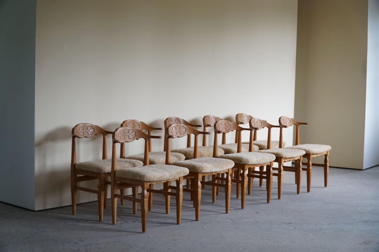 Henning Kjærnulf, Set of 10 Dining Chairs, Reupholstered in Lambswool, 1960s 1