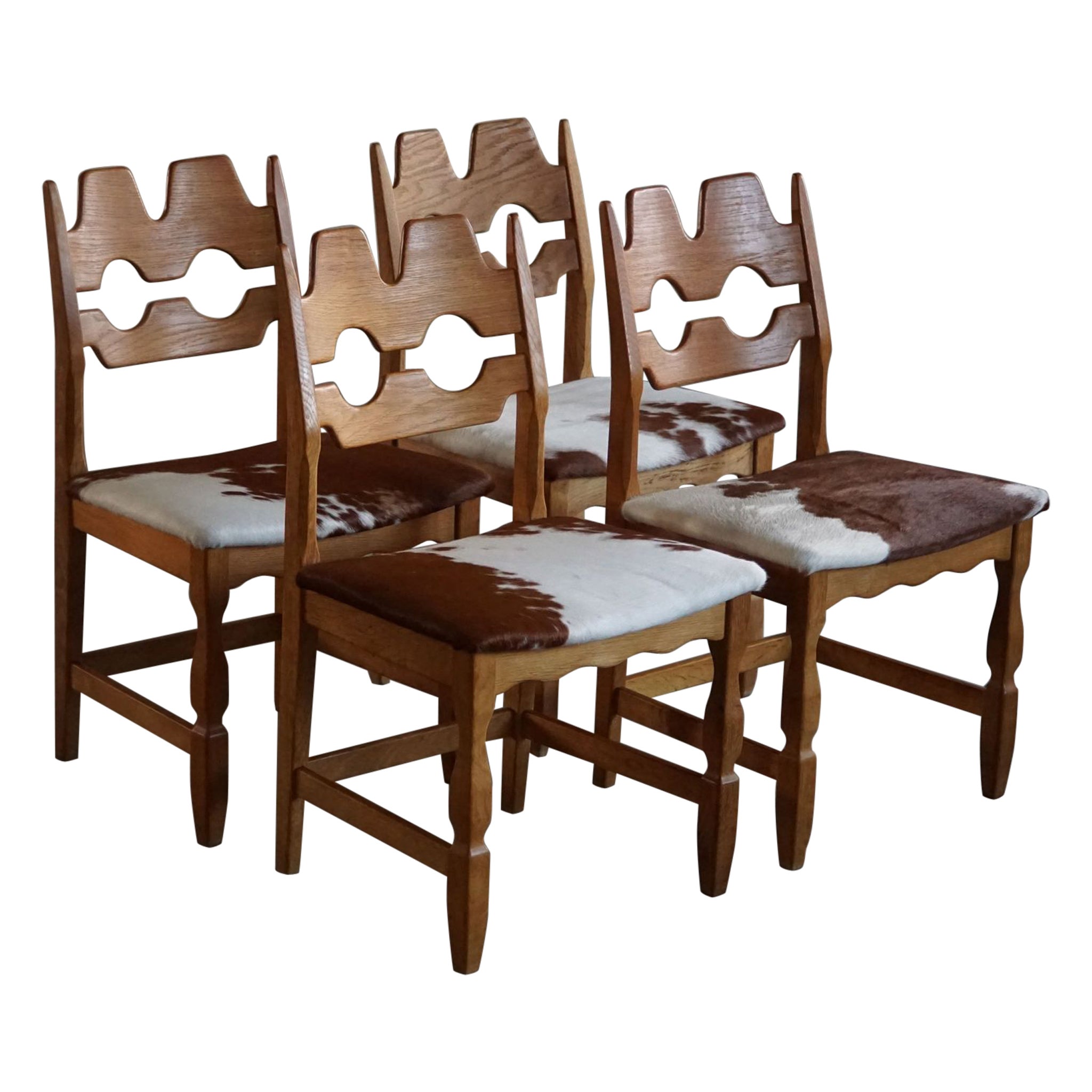 Henning Kjærnulf, Set of 4 "Razorblade" Chairs in Oak 
Cowhide, 1960s