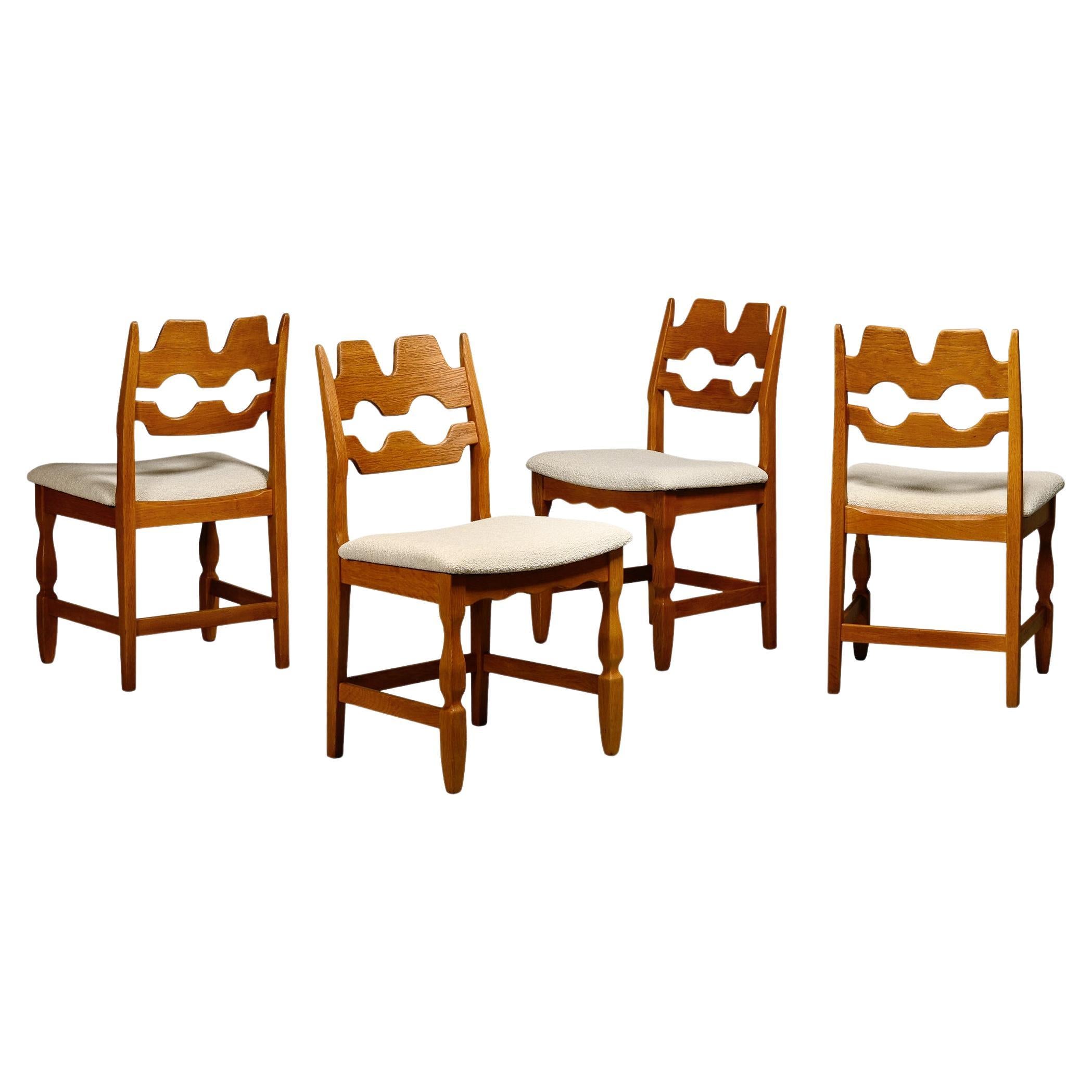 Henning Kjærnulf Set of 4 Razorblade Dining Chairs in Off-White Bouclé and Oak