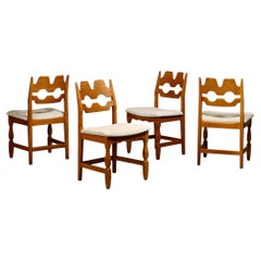 Henning Kjærnulf Set of 4 Razorblade Dining Chairs in Off-White Bouclé and Oak