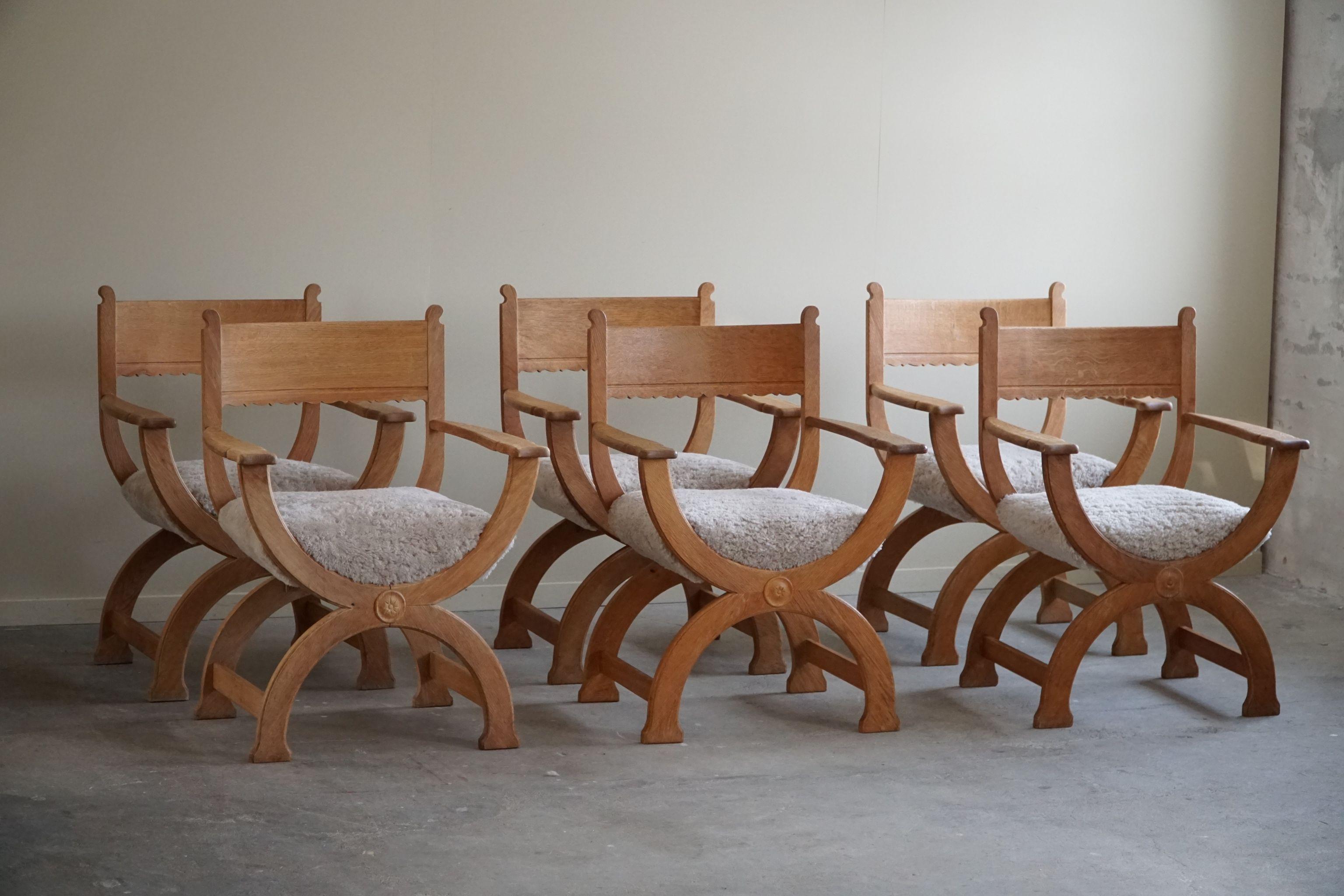 Henning Kjærnulf, Set of 6 Armchars in Oak & Lambswool, Mid Century Modern 1960s For Sale 8