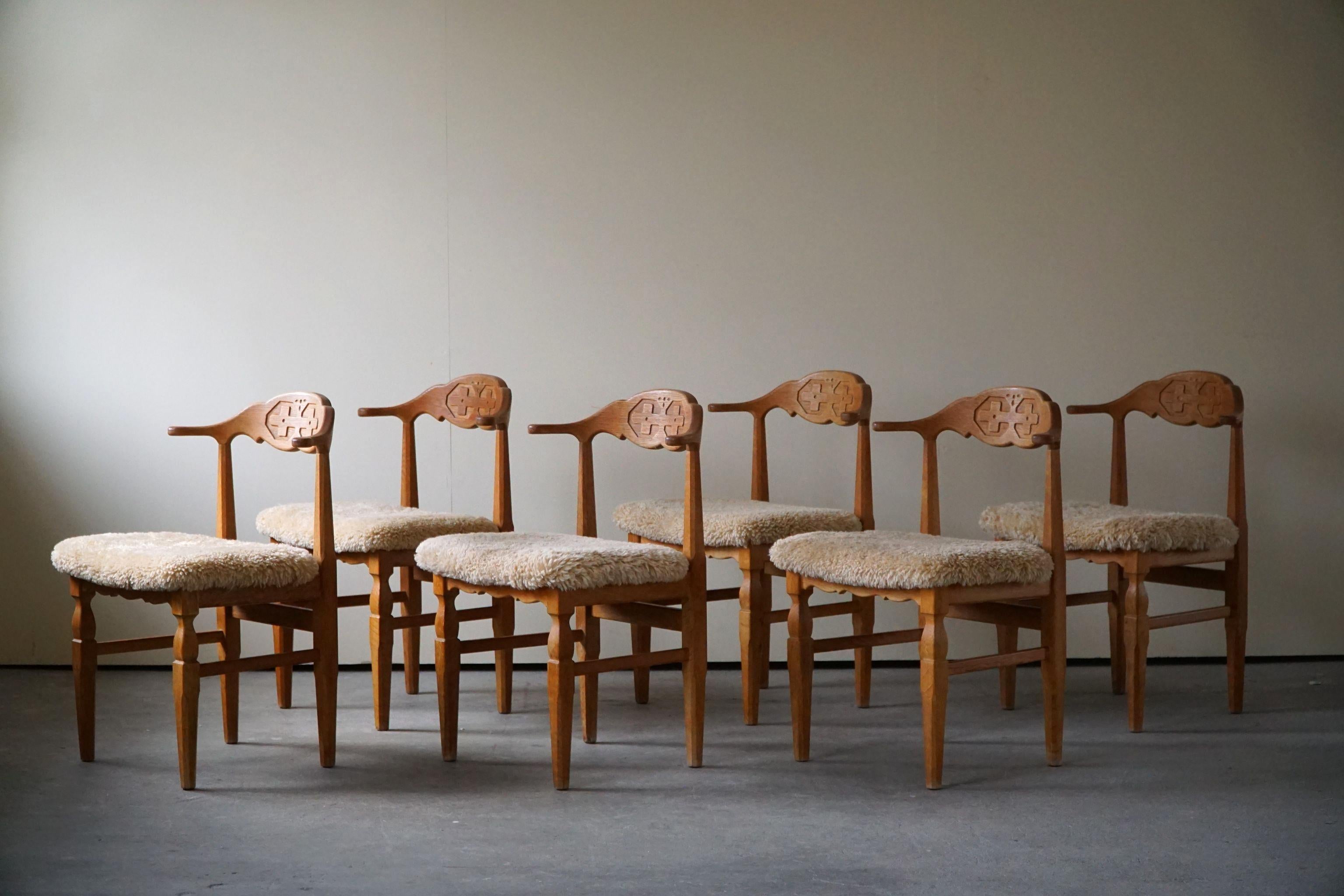 Henning Kjærnulf, Set of 6 Dining Chairs, Reupholstered in Lambswool, 1960s 3