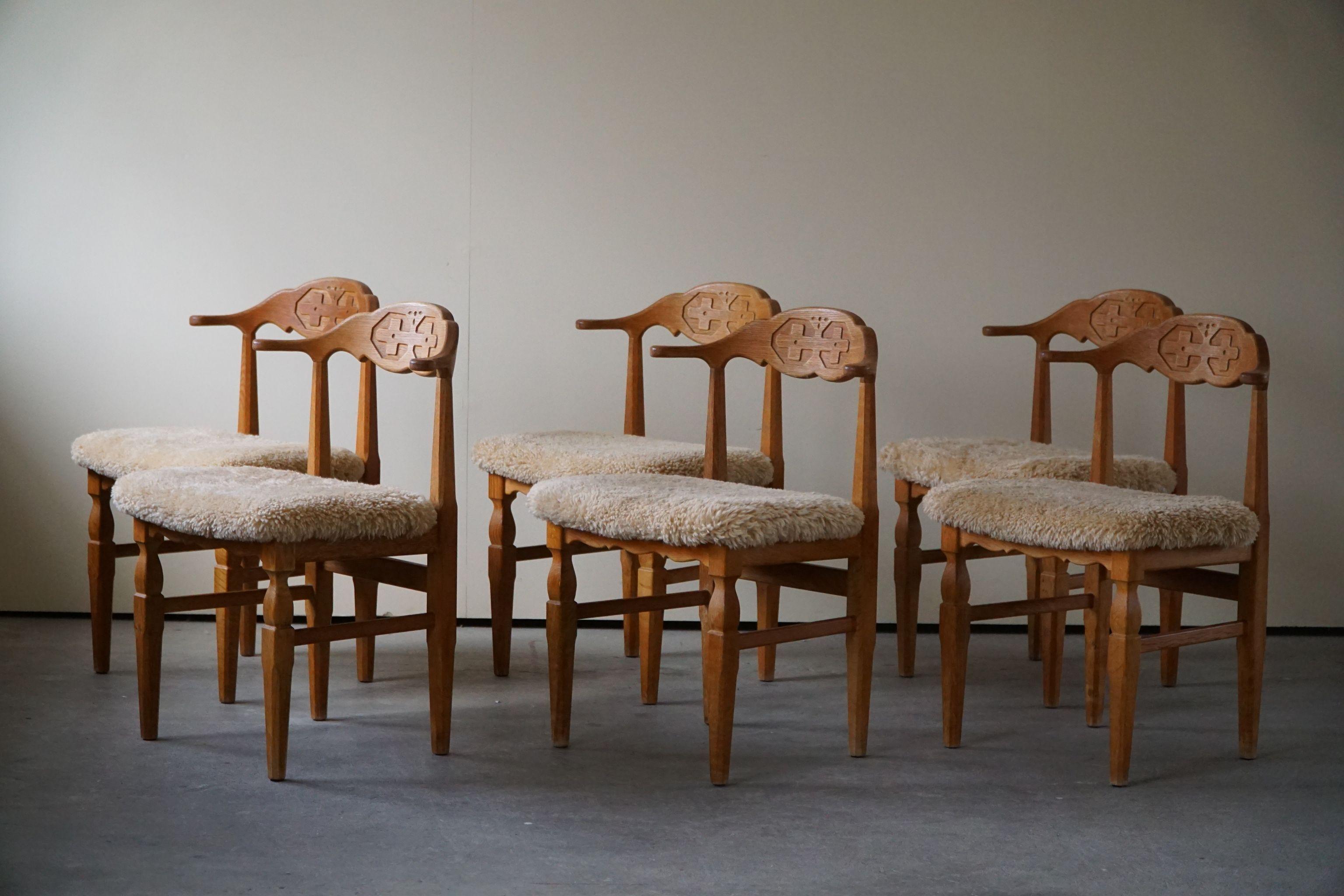 Henning Kjærnulf, Set of 6 Dining Chairs, Reupholstered in Lambswool, 1960s 6