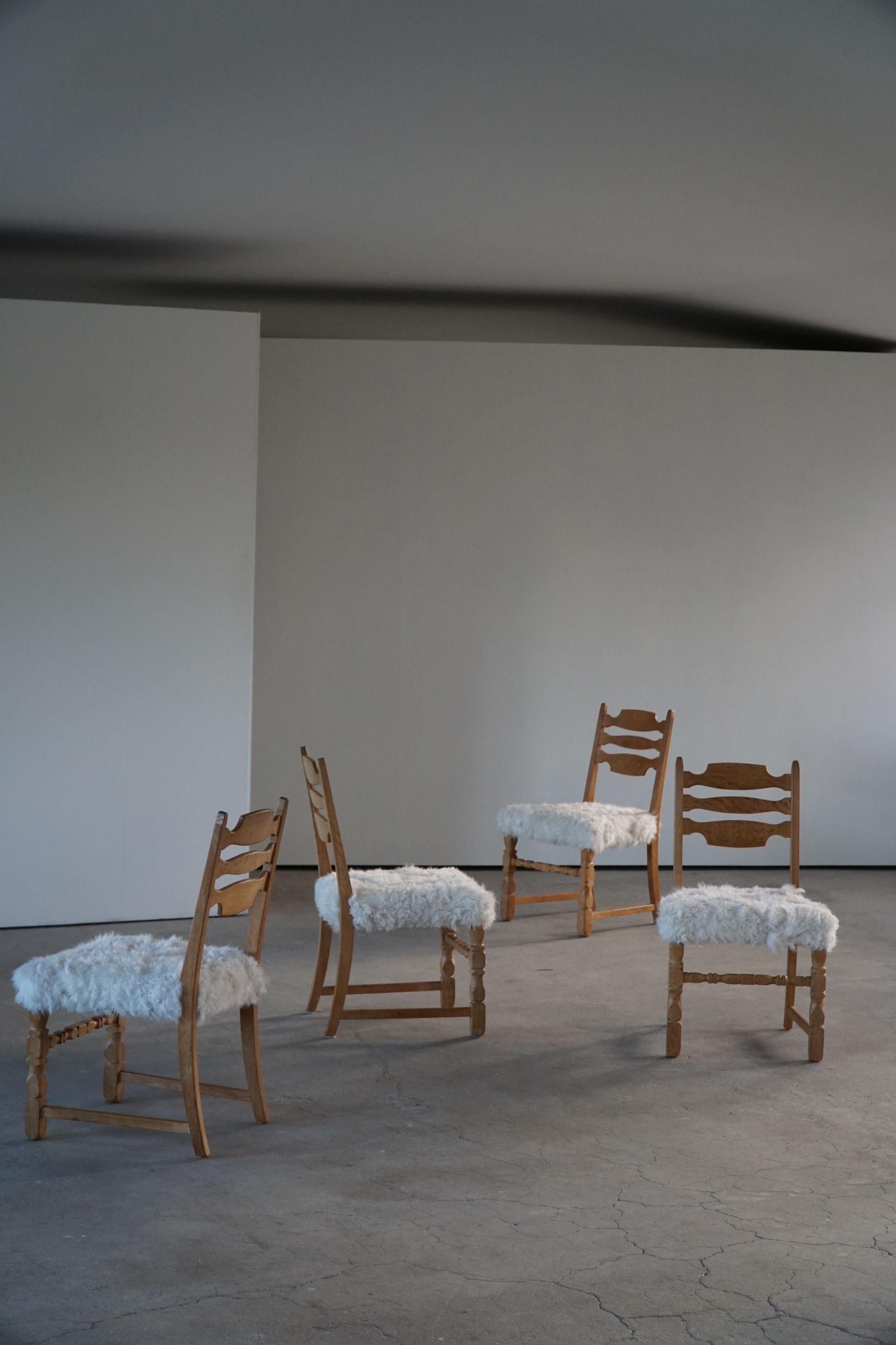 Brutalist Henning Kjærnulf, Set of 6 Dining Chairs, Reupholstered in Lambswool, 1960s