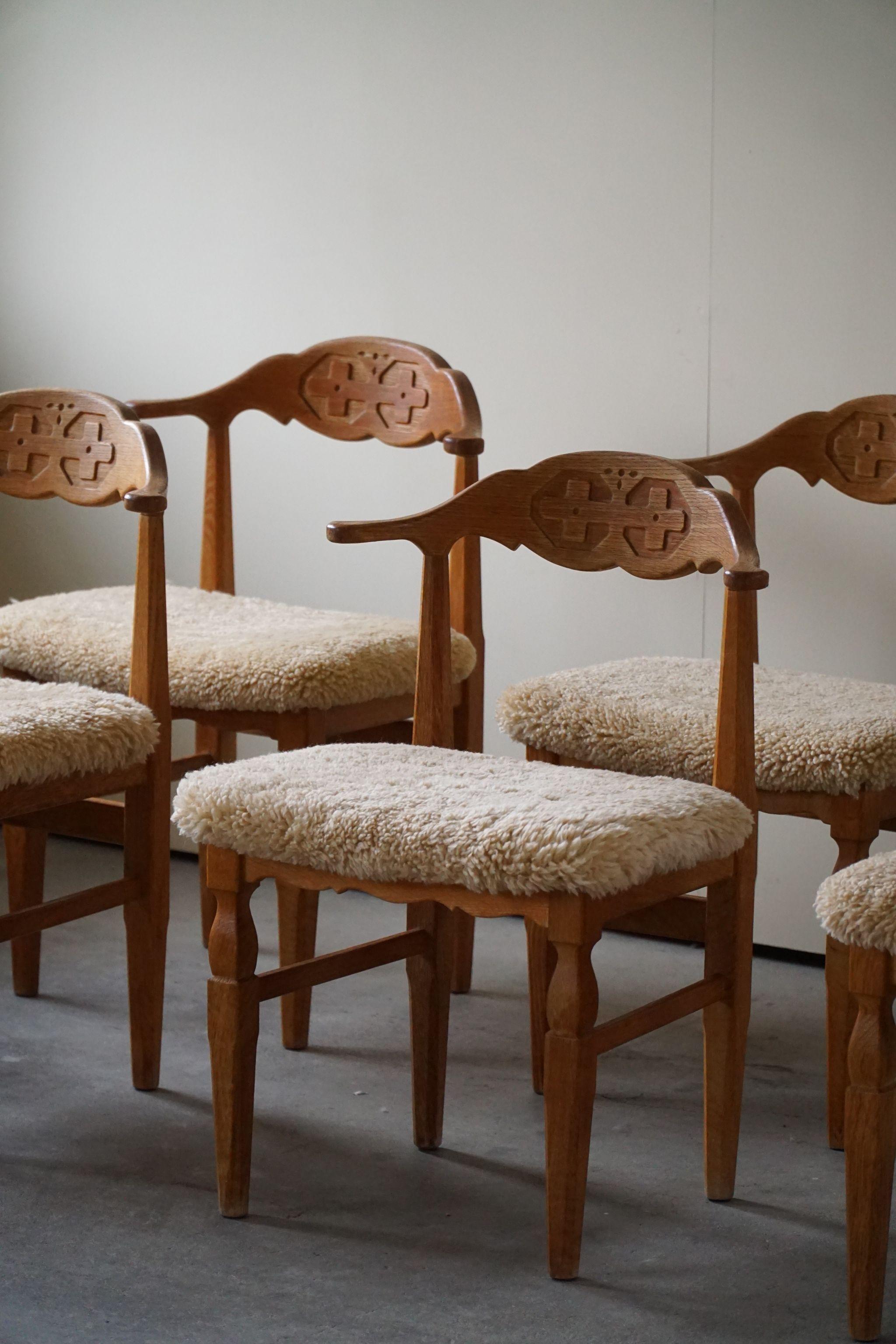Henning Kjærnulf, Set of 6 Dining Chairs, Reupholstered in Lambswool, 1960s 2