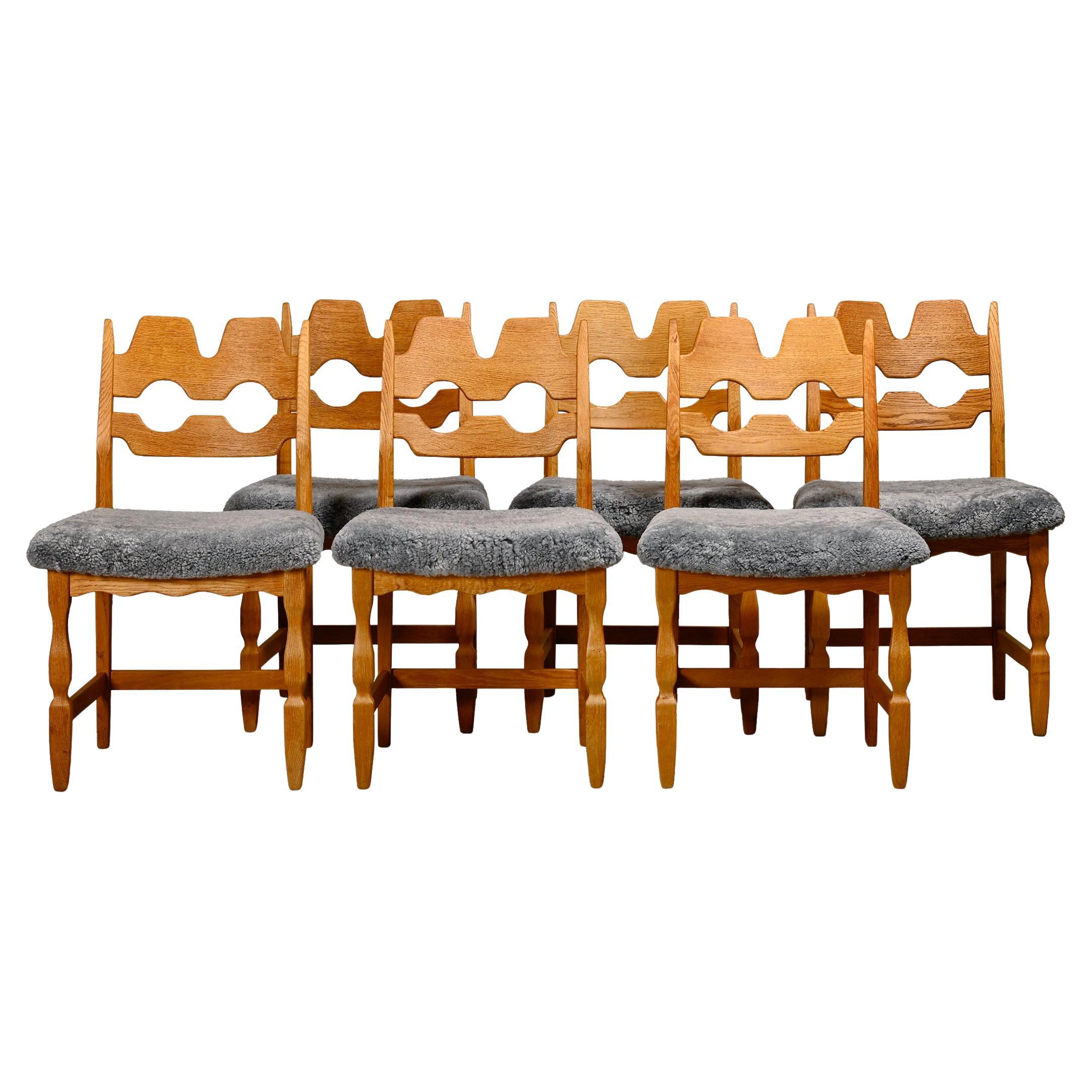 Henning Kjærnulf Set of 6 Razorblade Dining Chairs in Lambswool and Oak, 1960's