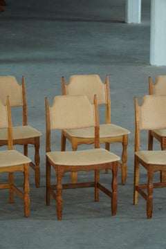 Henning Kjærnulf, Set of 8 Chairs, Oak & Hessian, Mid Century Modern, 1960s