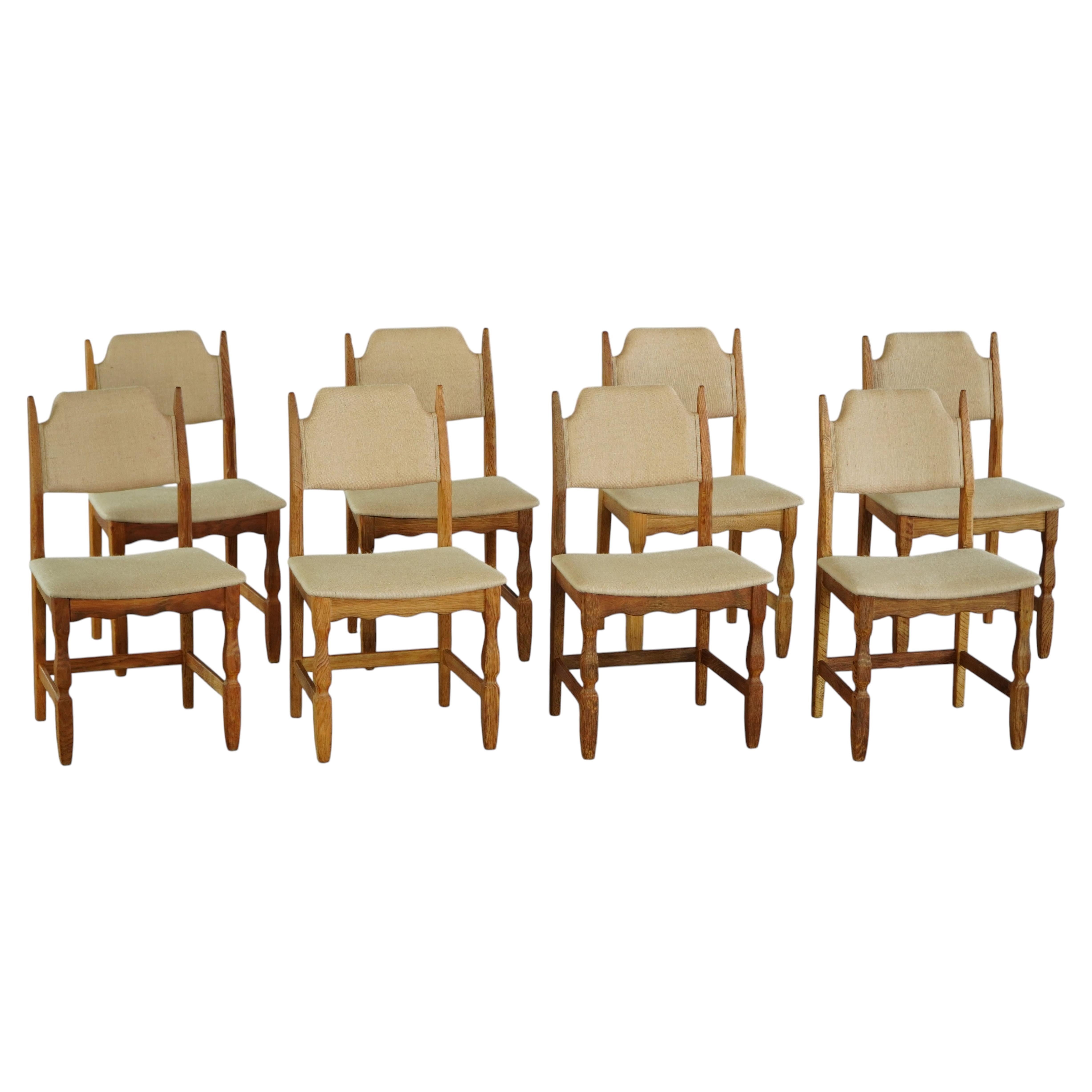 Henning Kjærnulf, Set of 8 Chairs, Oak & Hessian, Mid Century Modern, 1960s