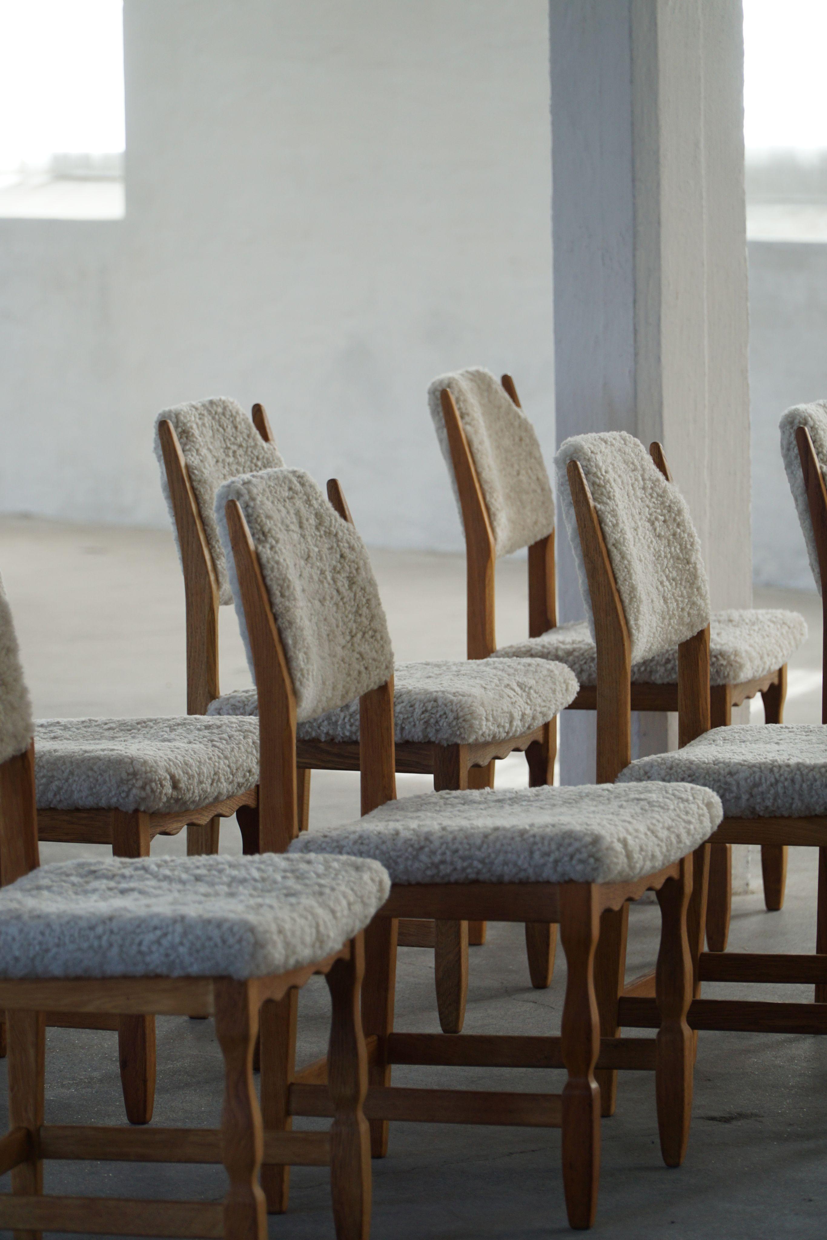Henning Kjærnulf, Set of 8 Chairs, Oak & Lambswool, Mid Century Modern, 1960s For Sale 7