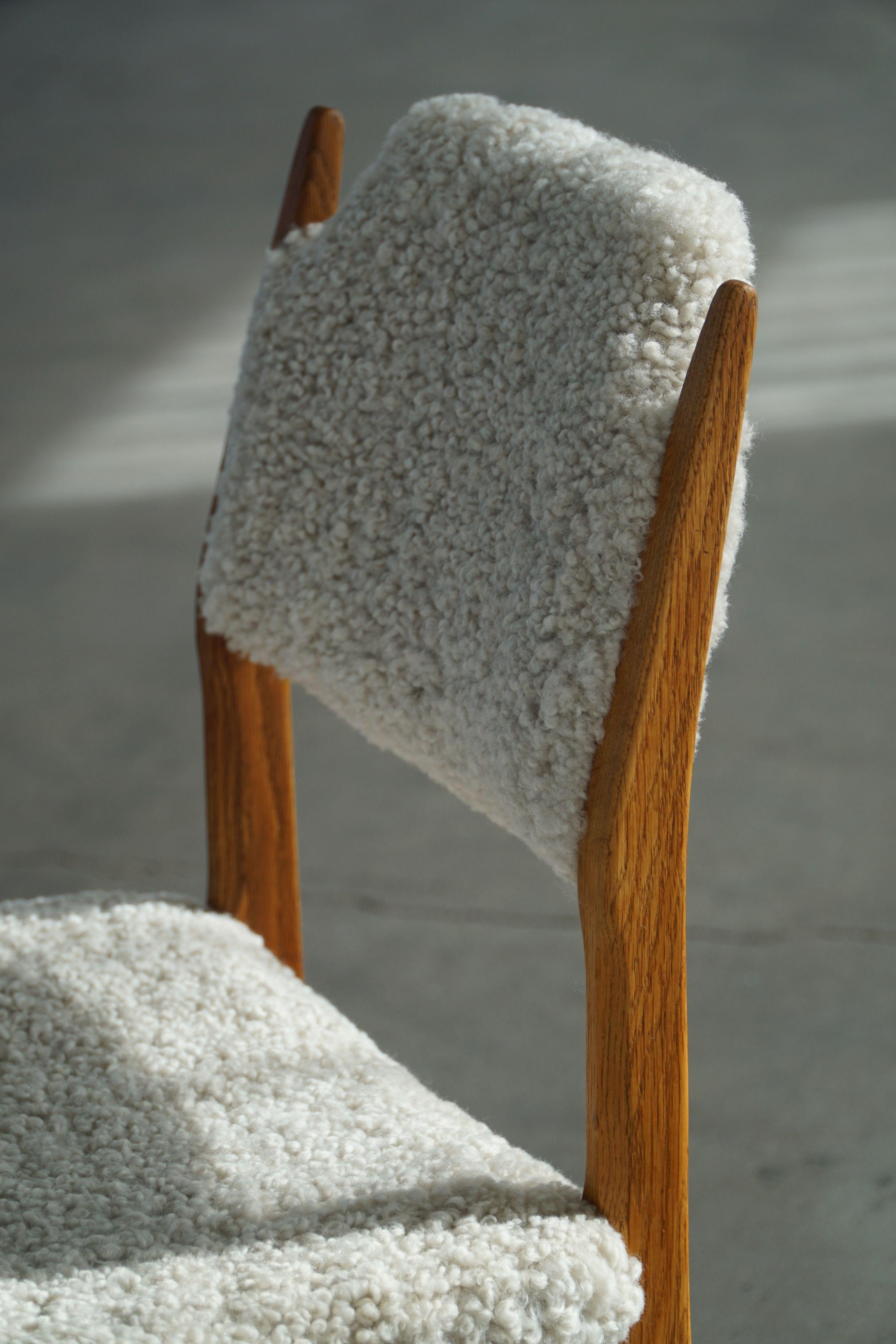 Henning Kjærnulf, Set of 8 Chairs, Oak & Lambswool, Mid Century Modern, 1960s For Sale 11
