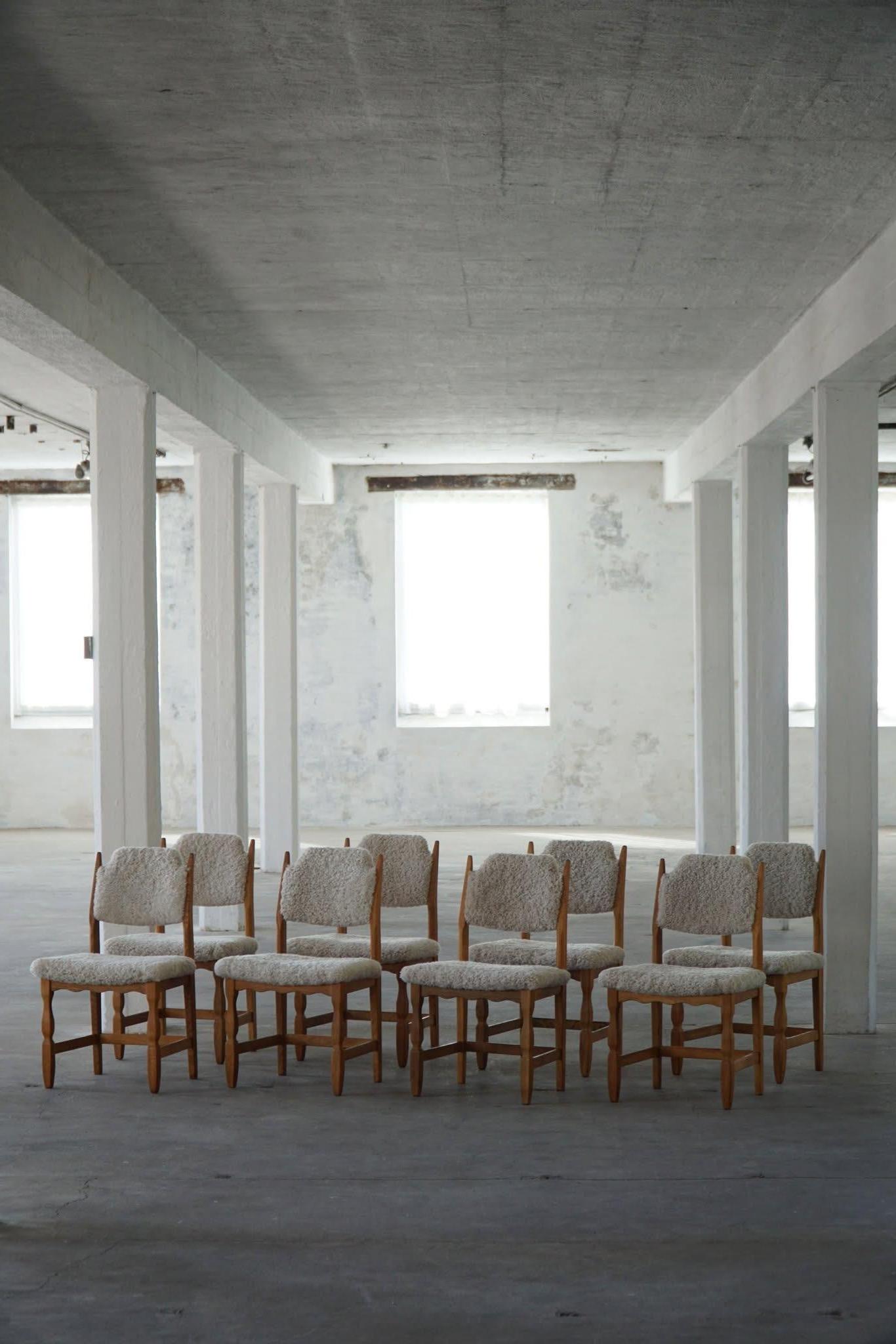 Henning Kjærnulf, Set of 8 Chairs, Oak & Lambswool, Mid Century Modern, 1960s For Sale 13