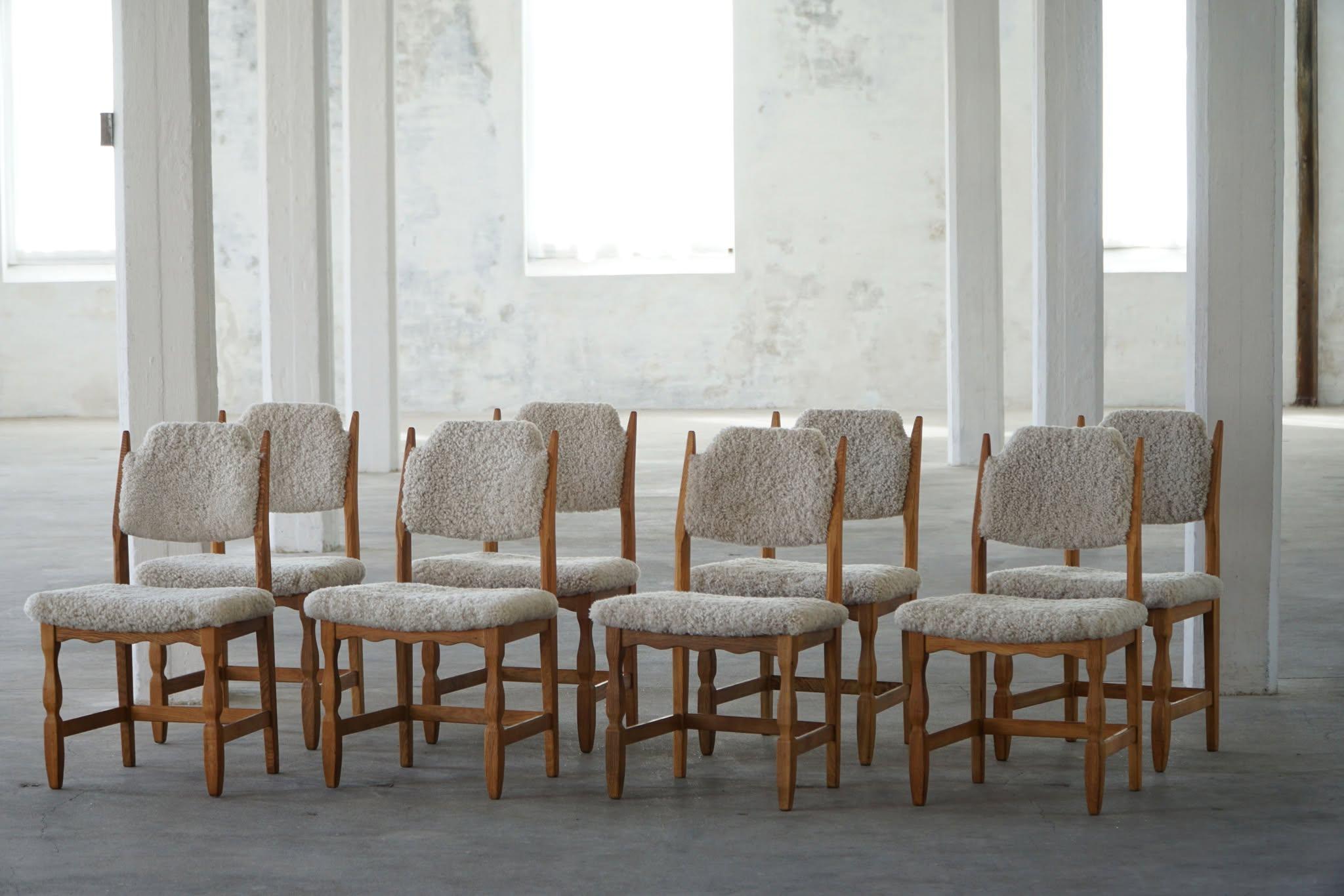 Baroque Henning Kjærnulf, Set of 8 Chairs, Oak & Lambswool, Mid Century Modern, 1960s For Sale