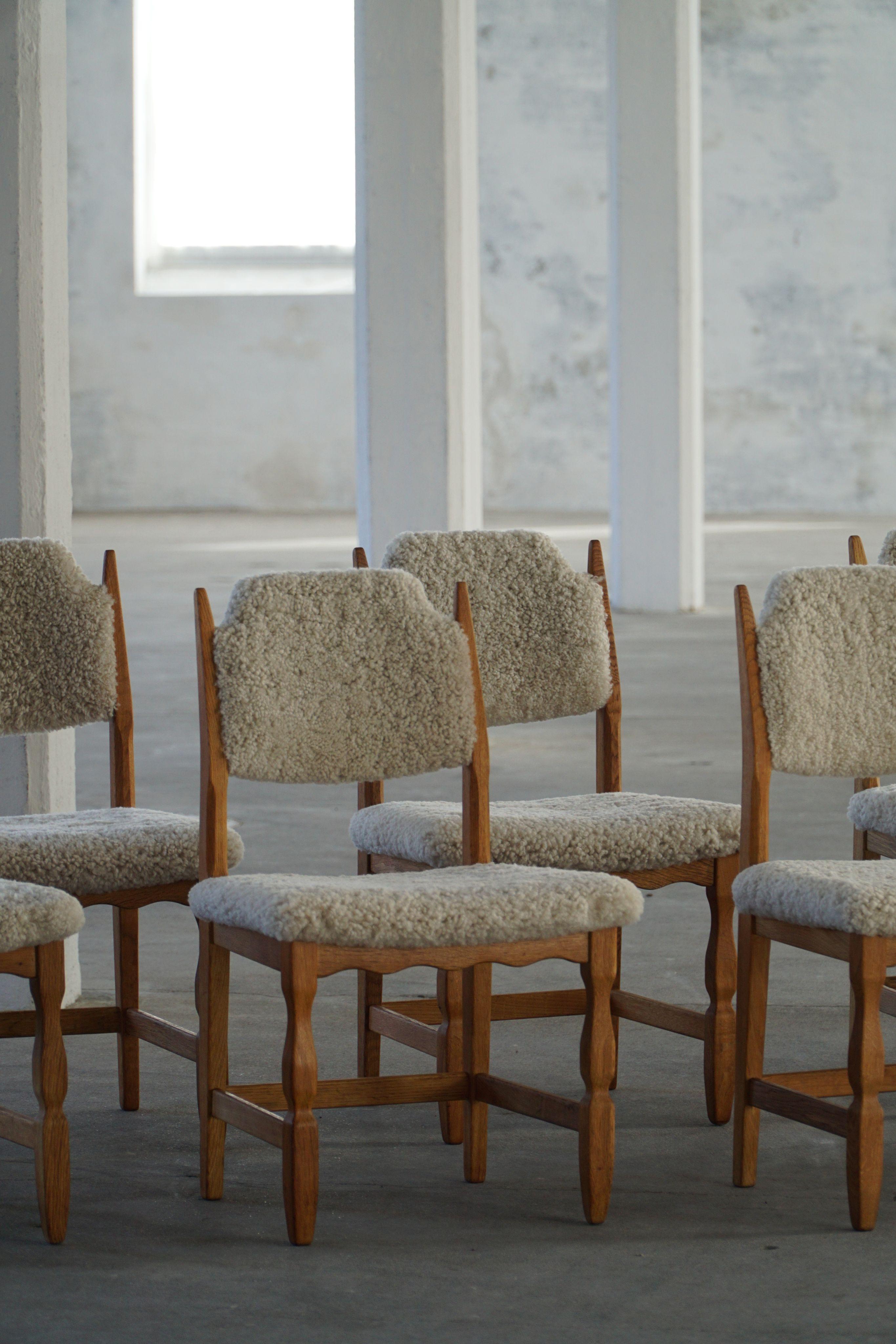 Danish Henning Kjærnulf, Set of 8 Chairs, Oak & Lambswool, Mid Century Modern, 1960s For Sale