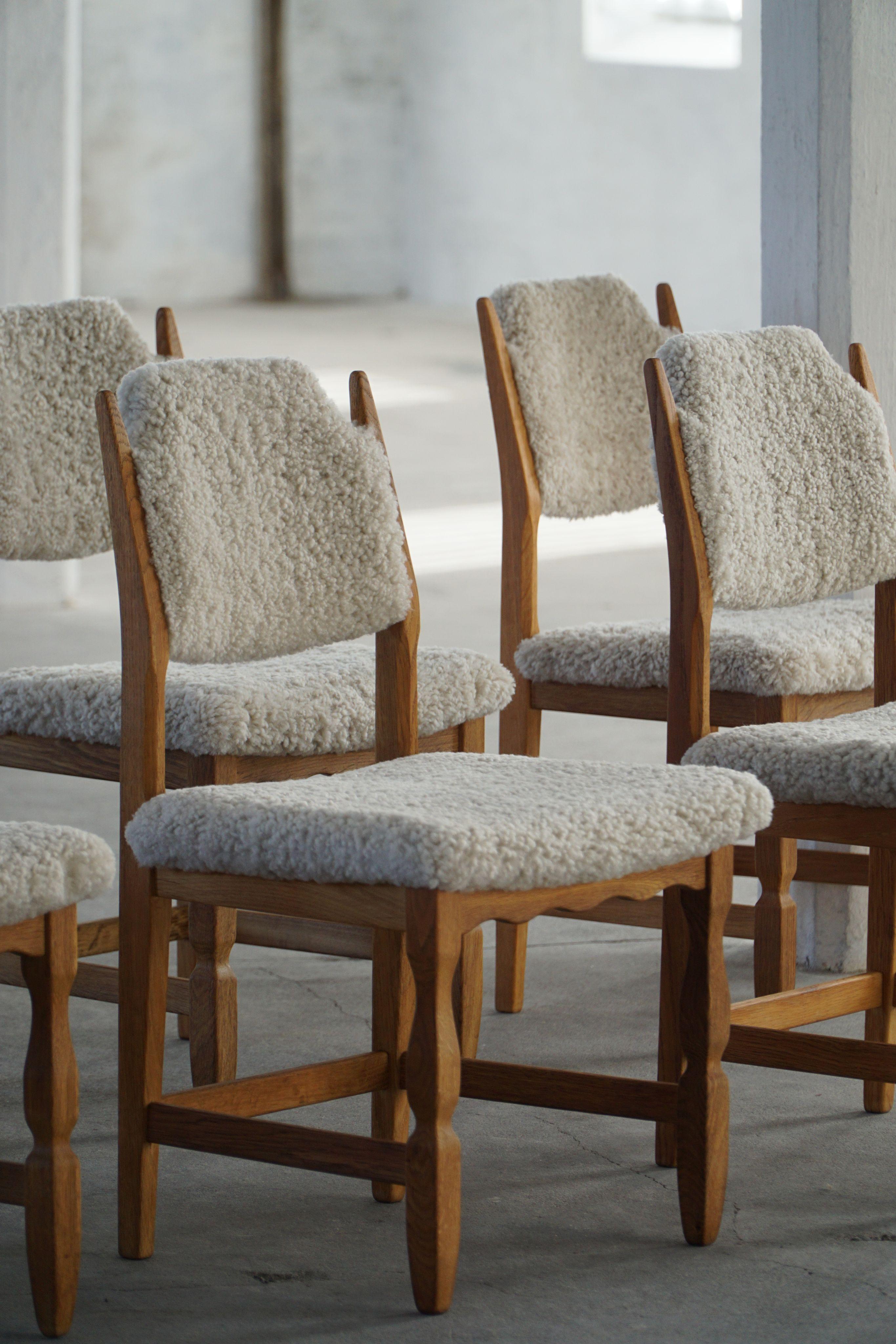 20th Century Henning Kjærnulf, Set of 8 Chairs, Oak & Lambswool, Mid Century Modern, 1960s For Sale