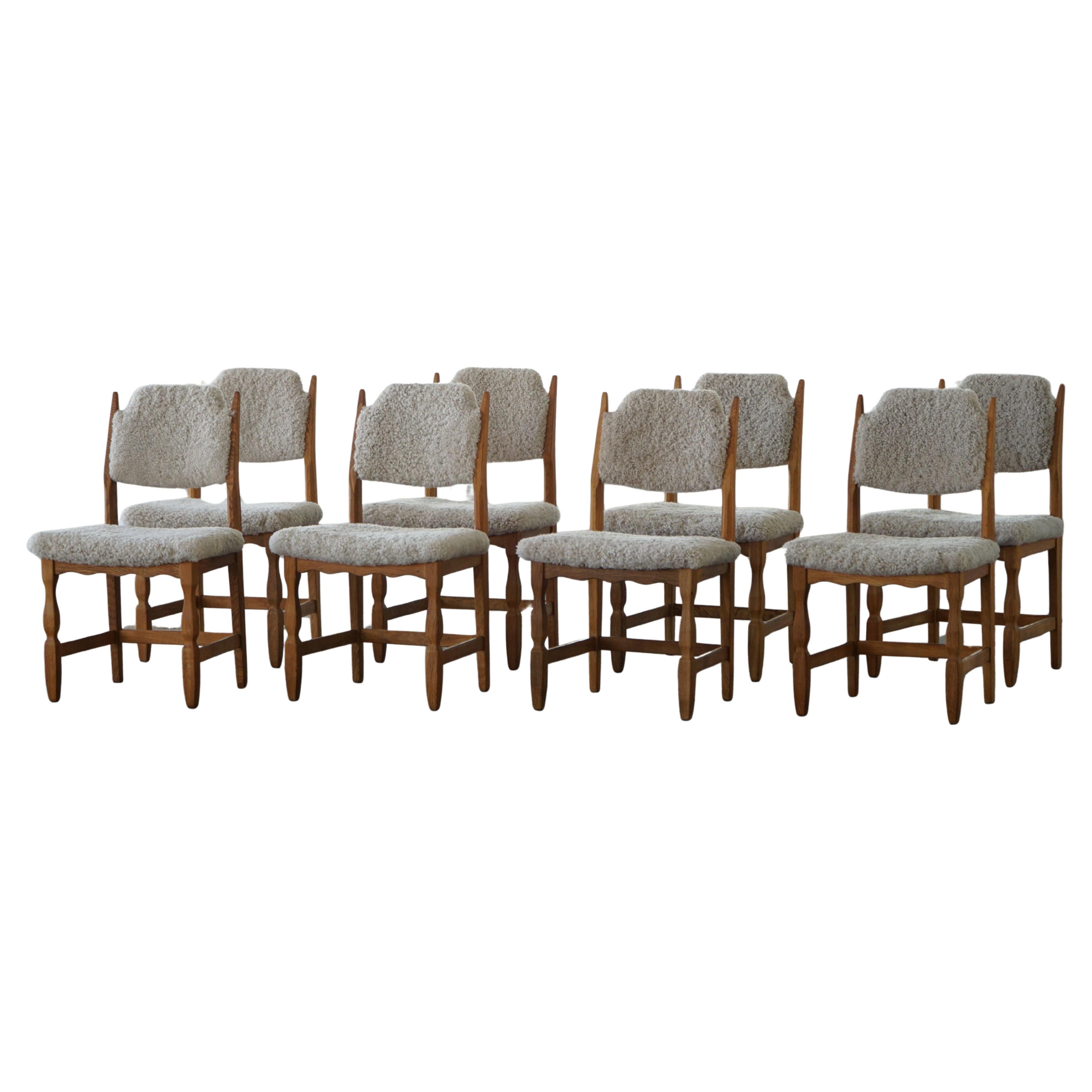 Henning Kjærnulf, Set of 8 Chairs, Oak & Lambswool, Mid Century Modern, 1960s For Sale