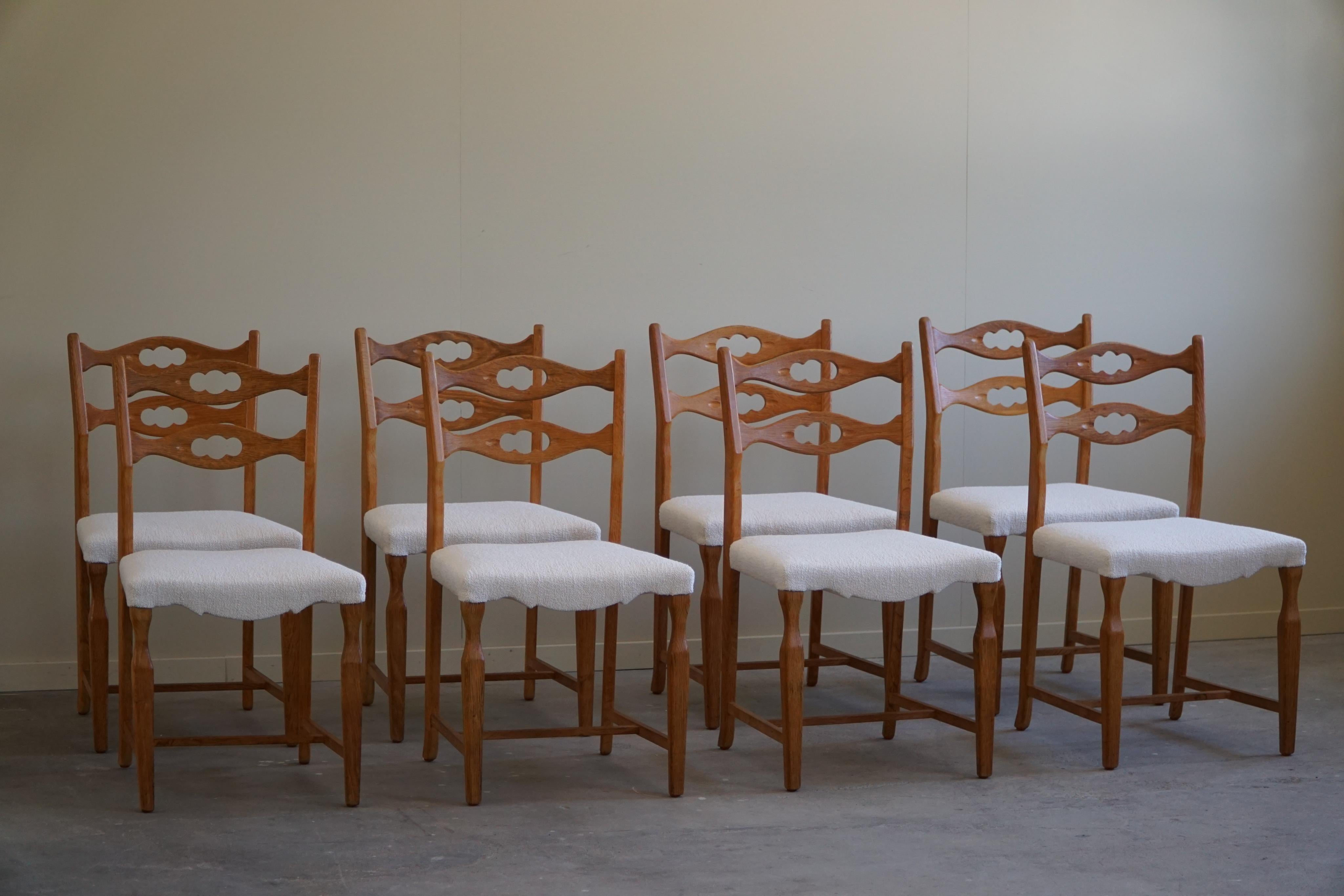 Henning Kjærnulf, Set of 8 Dining Chairs in Oak & Bouclé, Danish Modern, 1960s 7