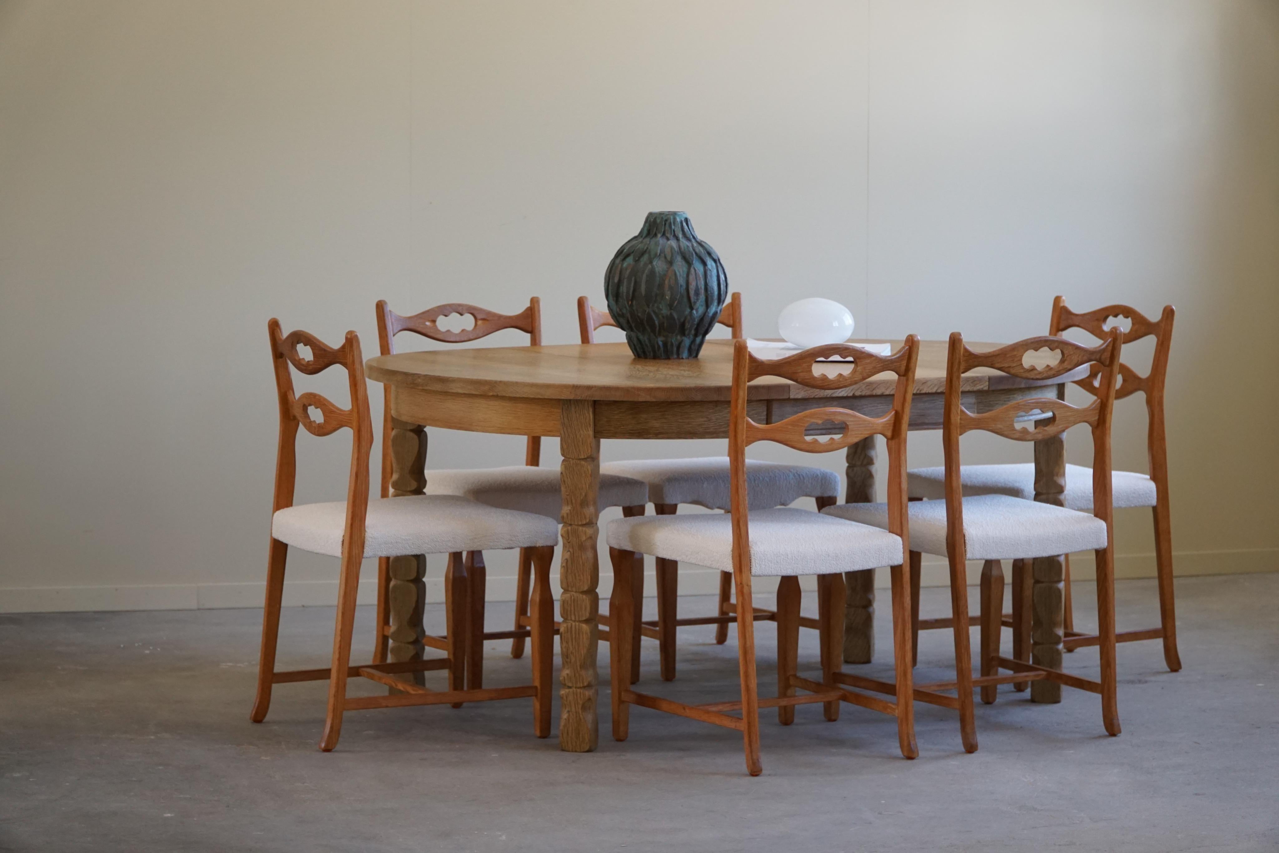Henning Kjærnulf, Set of 8 Dining Chairs in Oak & Bouclé, Danish Modern, 1960s 9