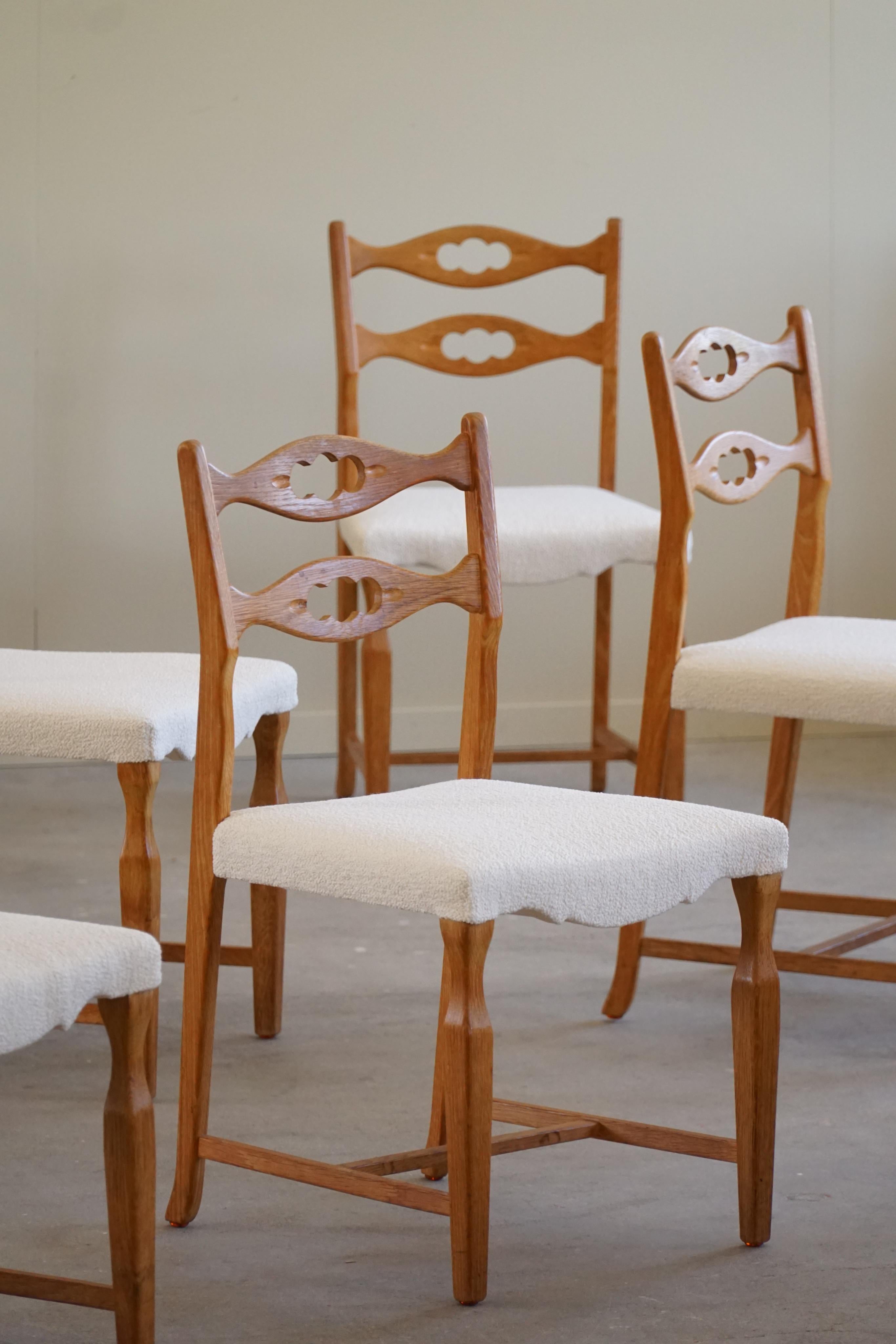 Baroque Henning Kjærnulf, Set of 8 Dining Chairs in Oak & Bouclé, Danish Modern, 1960s