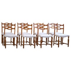 Henning Kjærnulf, Set of 8 Dining Chairs in Oak 
Bouclé, Danish Modern, 1960s