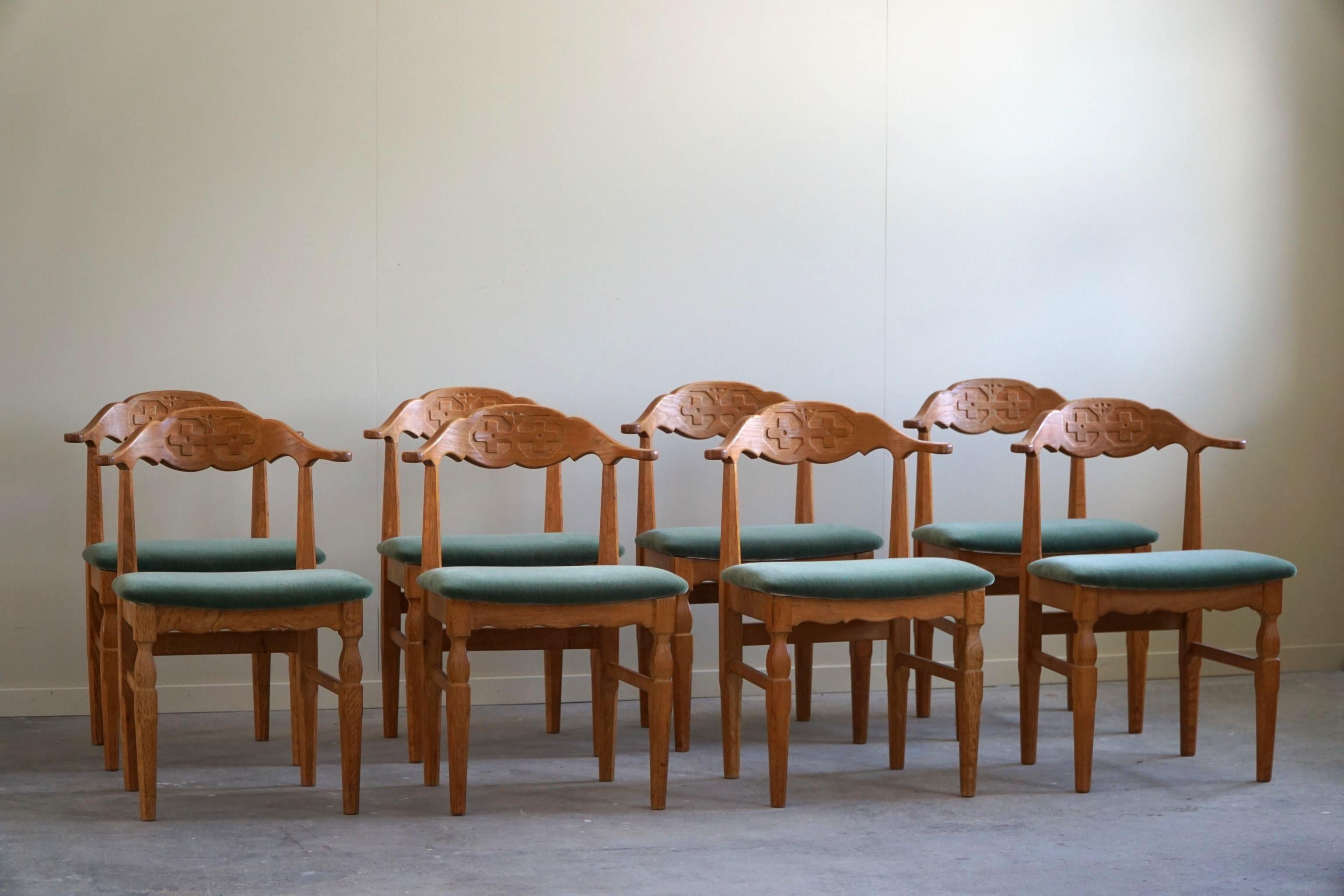 Danish Henning Kjærnulf, Set of 8 Dining Chairs, Reupholstered in Green Mohair, 1960s