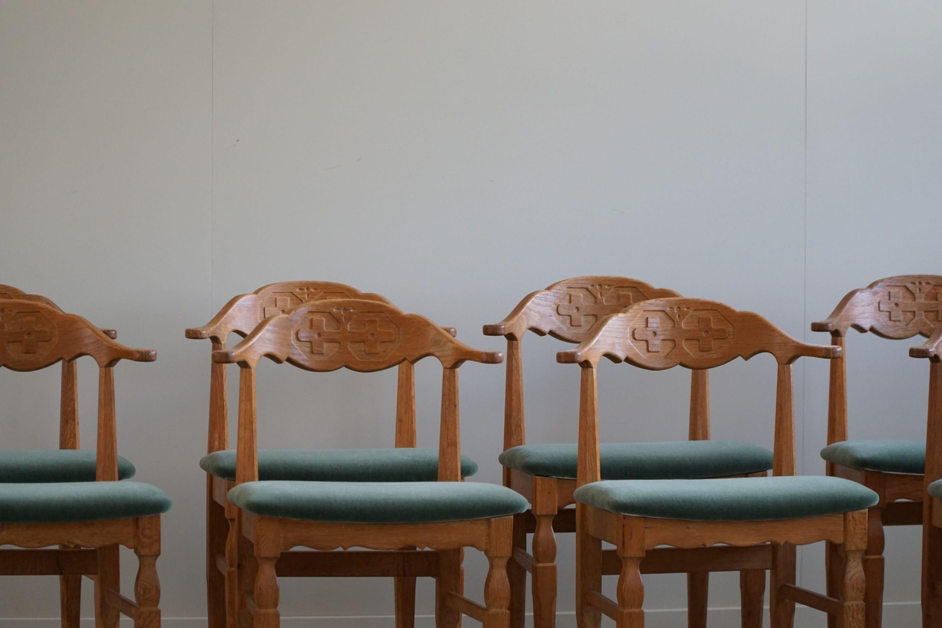 20th Century Henning Kjærnulf, Set of 8 Dining Chairs, Reupholstered in Green Mohair, 1960s