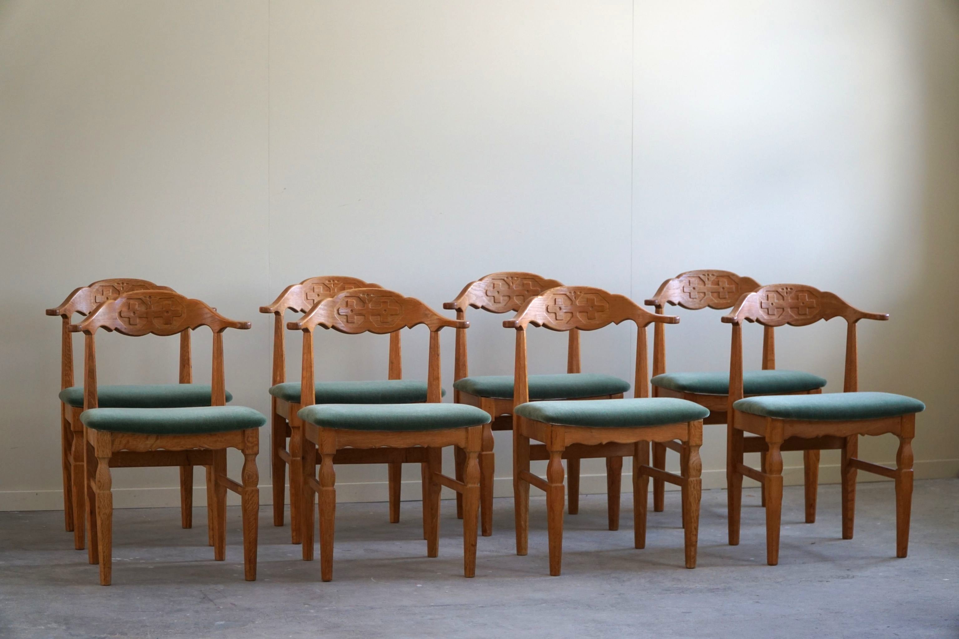 Henning Kjærnulf, Set of 8 Dining Chairs, Reupholstered in Green Mohair, 1960s