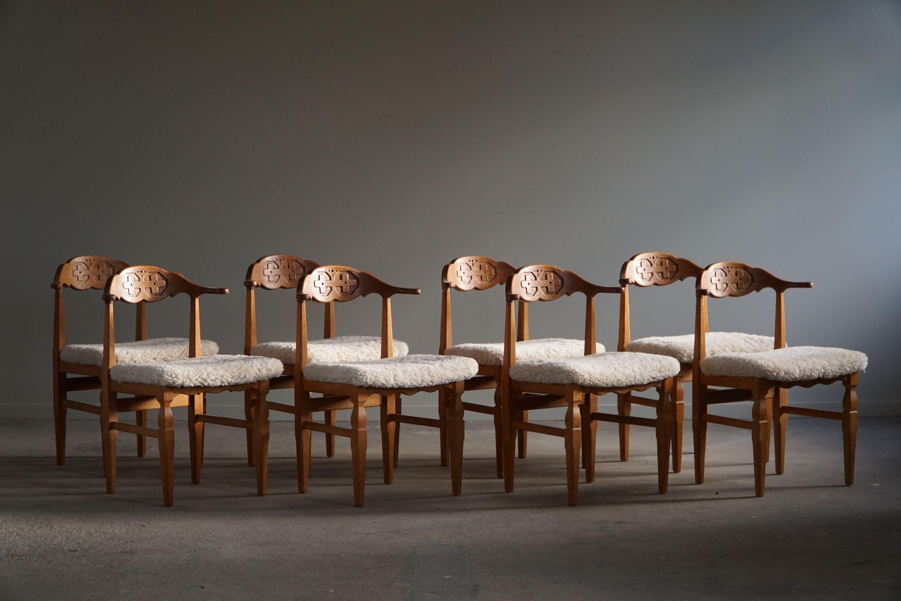 Henning Kjærnulf, Set of 8 Dining Chairs, Reupholstered in Lambswool, 1960s 11