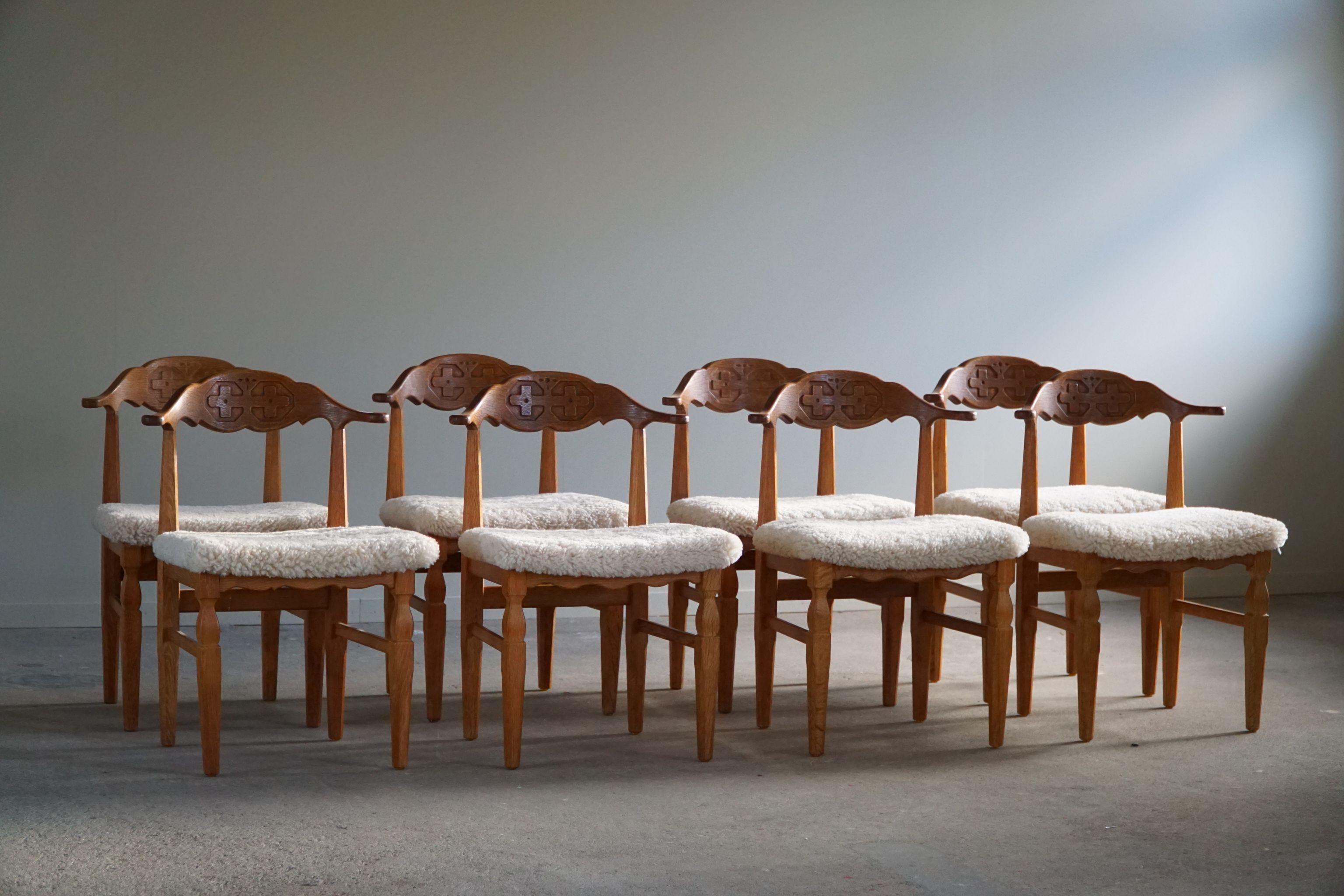 Henning Kjærnulf, Set of 8 Dining Chairs, Reupholstered in Lambswool, 1960s 12