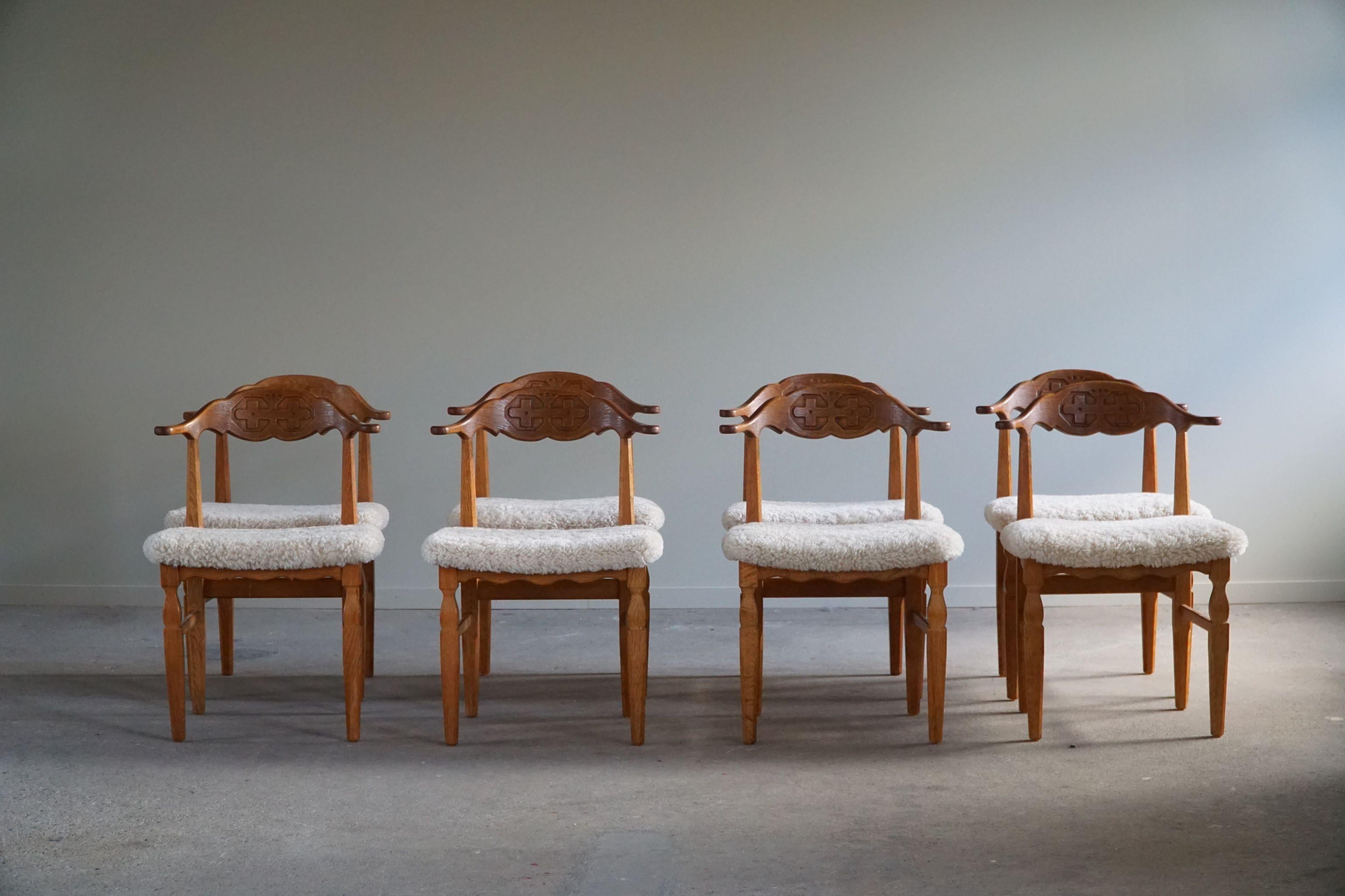 Henning Kjærnulf, Set of 8 Dining Chairs, Reupholstered in Lambswool, 1960s 13