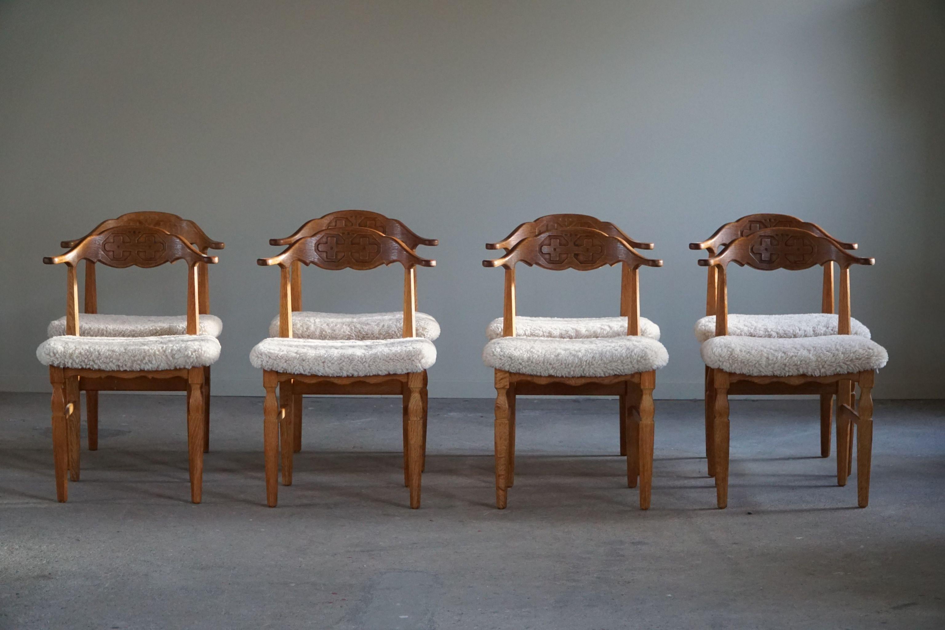 20th Century Henning Kjærnulf, Set of 8 Dining Chairs, Reupholstered in Lambswool, 1960s