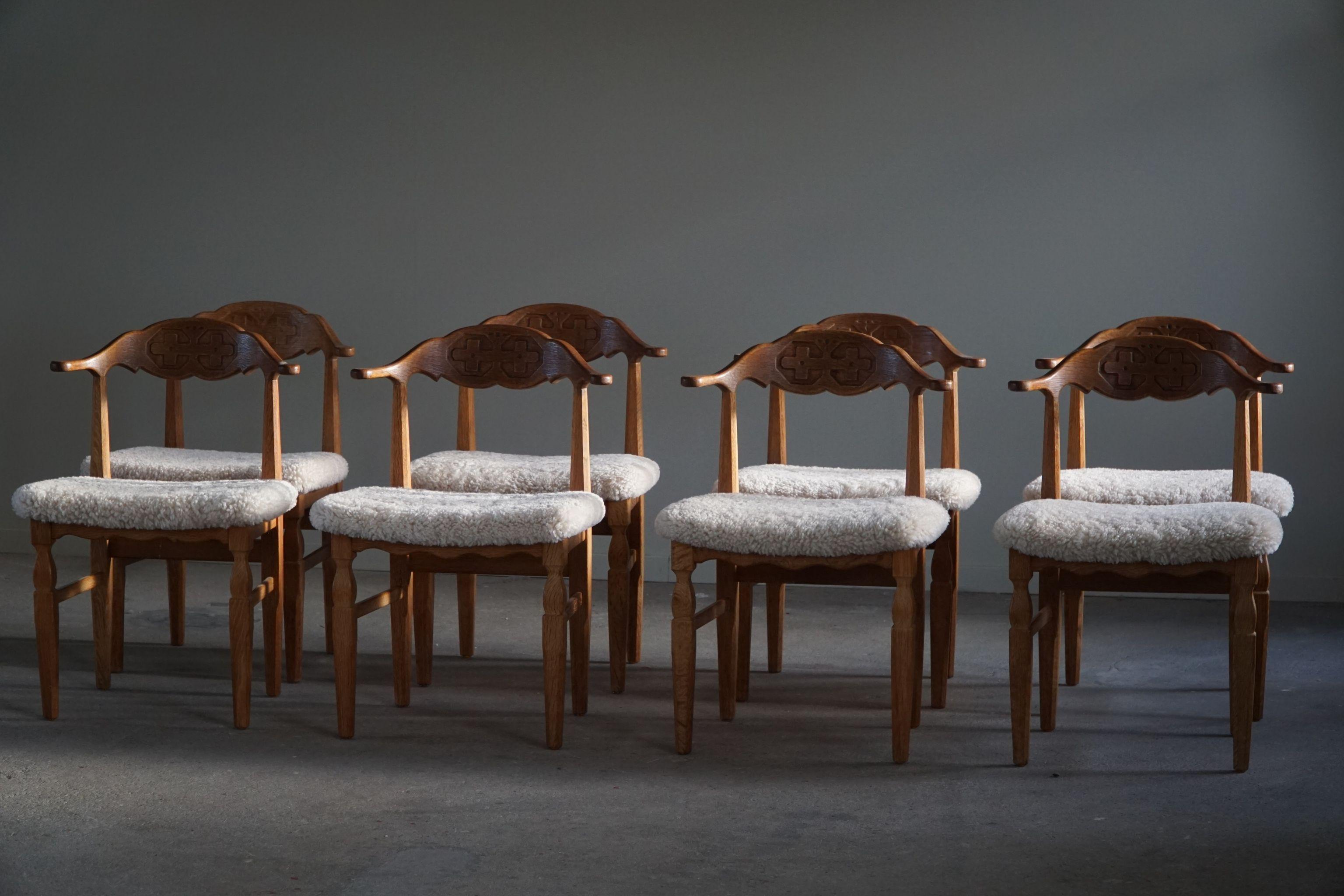Oak Henning Kjærnulf, Set of 8 Dining Chairs, Reupholstered in Lambswool, 1960s