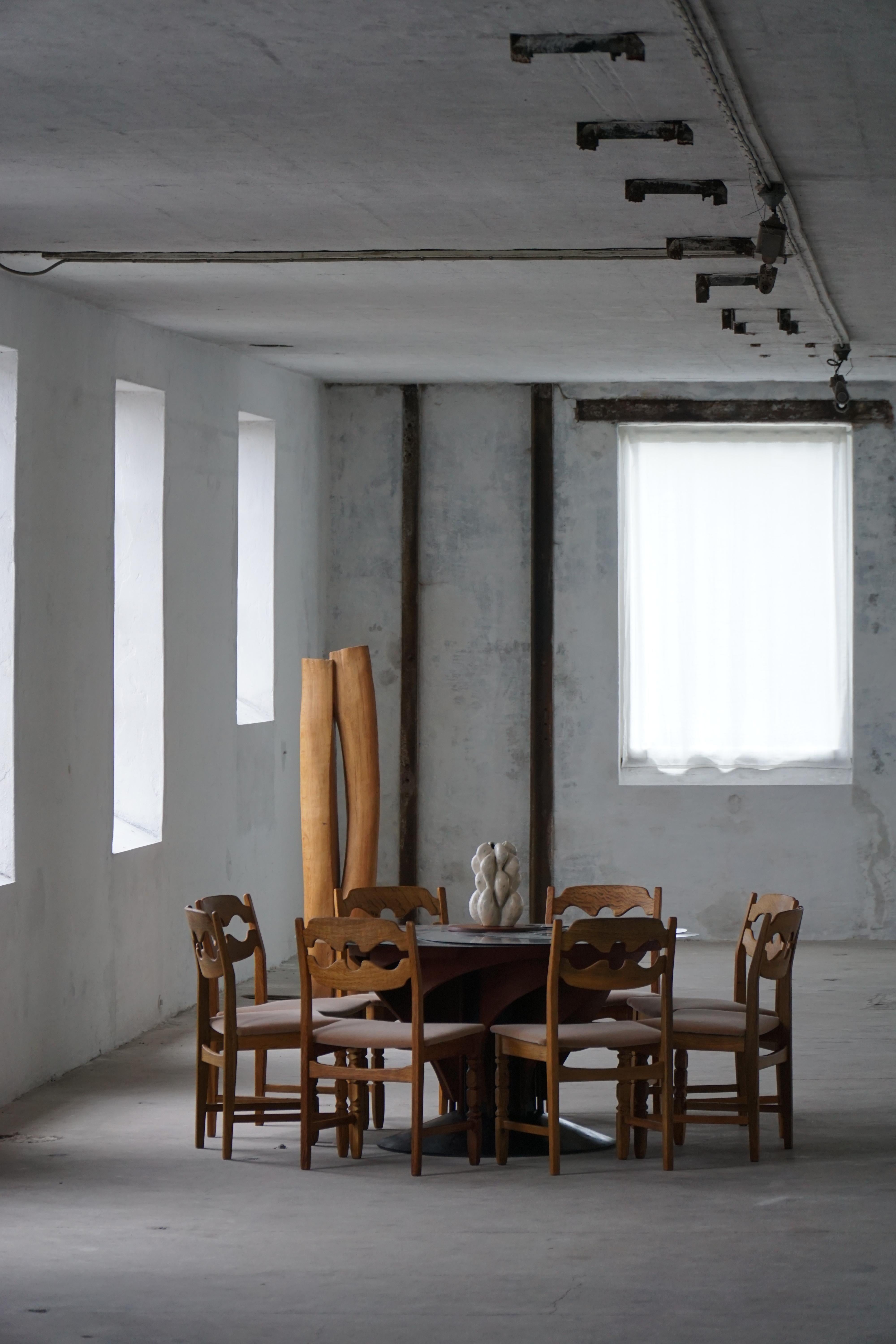 Henning Kjærnulf, Set of 8 “Razorblade” Dining Chairs in Oak and Mohair, 1960s For Sale 14
