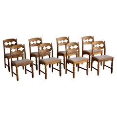 Henning Kjærnulf, Set of 8 “Razorblade” Dining Chairs in Oak and Mohair, 1960s
