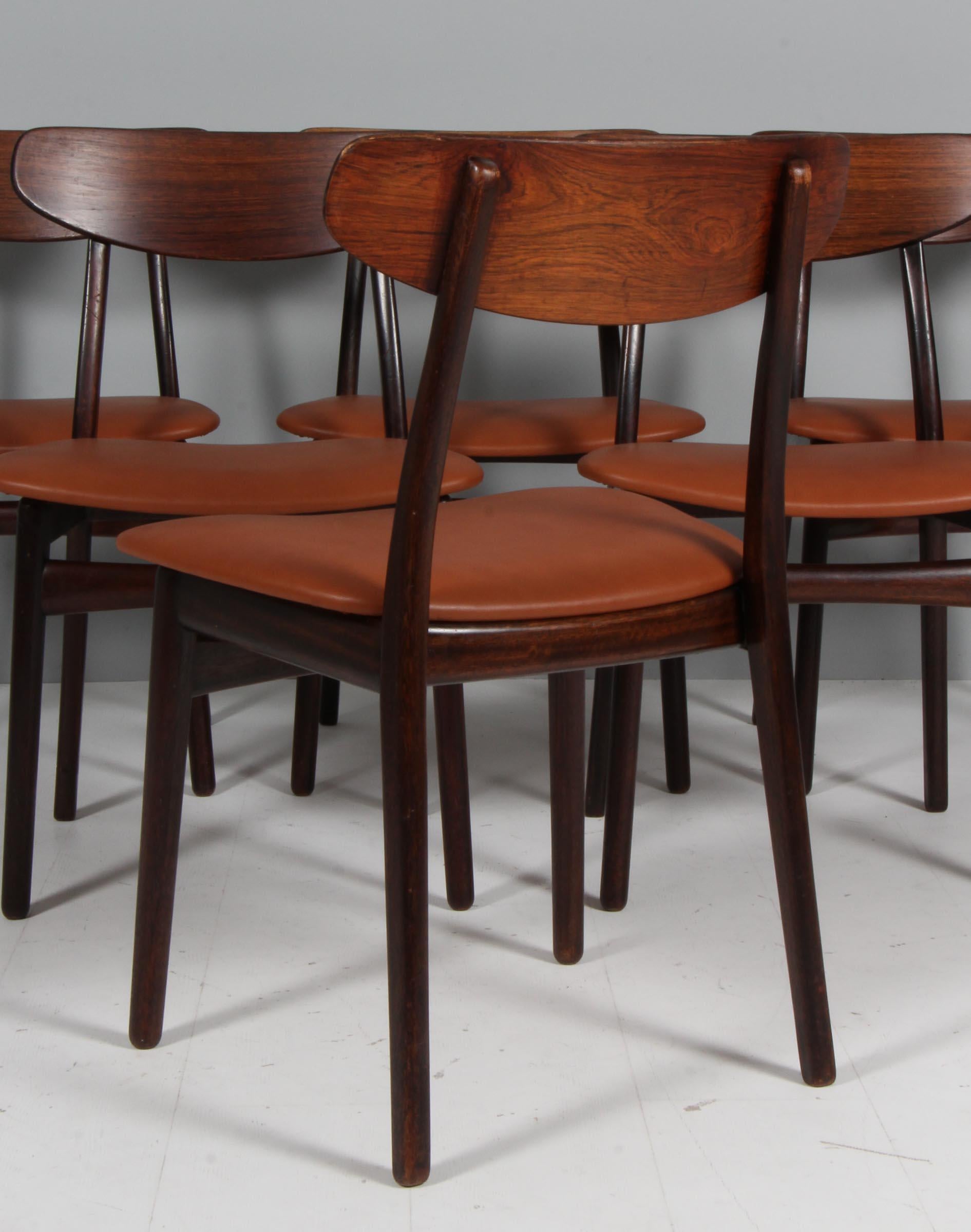 Leather Henning Kjærnulf Six Rosewood Dining Chairs For Sale