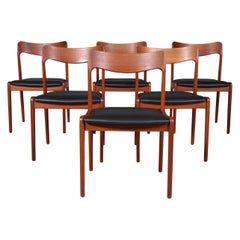 Henning Kjærnulf Six Teak Dining Chairs, Black Semi Aniline Leather, 1970s